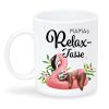 Auf dem Bild ist das Produkt: Geschenkidee Tasse bedruckt Relax Tasse mit Wunschnamen Geschenk Geburtstag Faultier auf Flamingo Personalisierung zum Preis von €18.9 abgebildet.