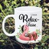 Auf dem Bild ist das Produkt: Geschenkidee Tasse bedruckt Relax Tasse mit Wunschnamen Geschenk Geburtstag Faultier auf Flamingo Personalisierung zum Preis von €18.9 abgebildet.