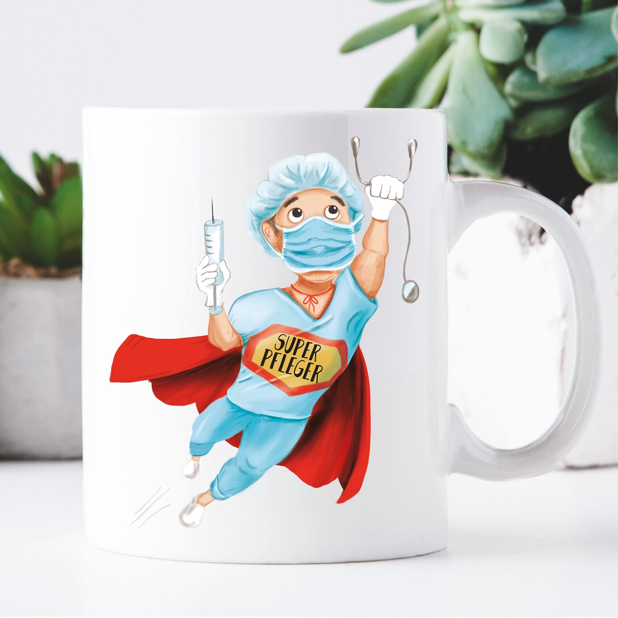 Keramik Tasse Super Pfleger Maske Corona Geschenkidee Spruch, Geschenk Geburtstag