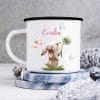 Auf dem Bild ist das Produkt: Kindertasse Emaille Campingbecher Hase mit Pusteblume Kaffeebecher personalisiert mit Wunschnamen zum Preis von €18.9 abgebildet.
