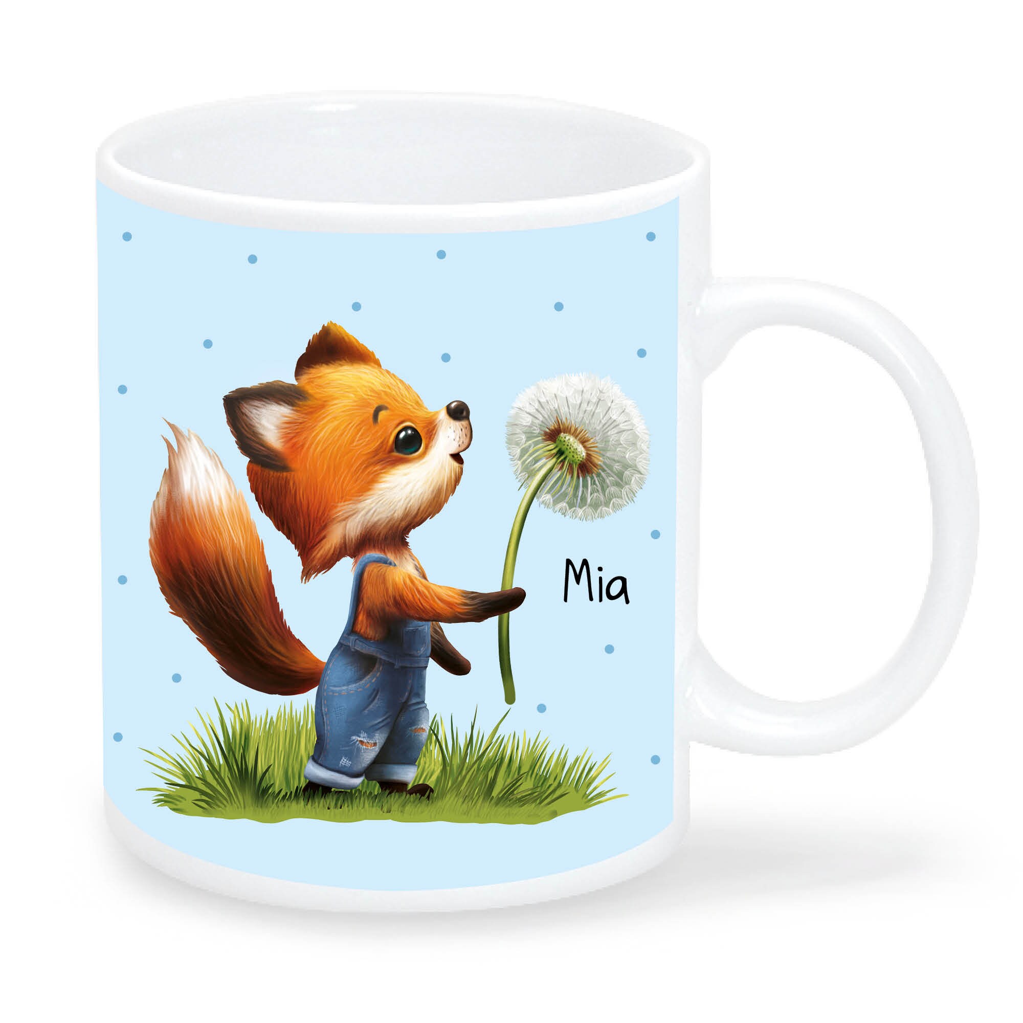 Kindertasse Kunststoff Fuchs mit Pusteblume personalisiert Wunschname Geburtstagsgeschenk 320 ml