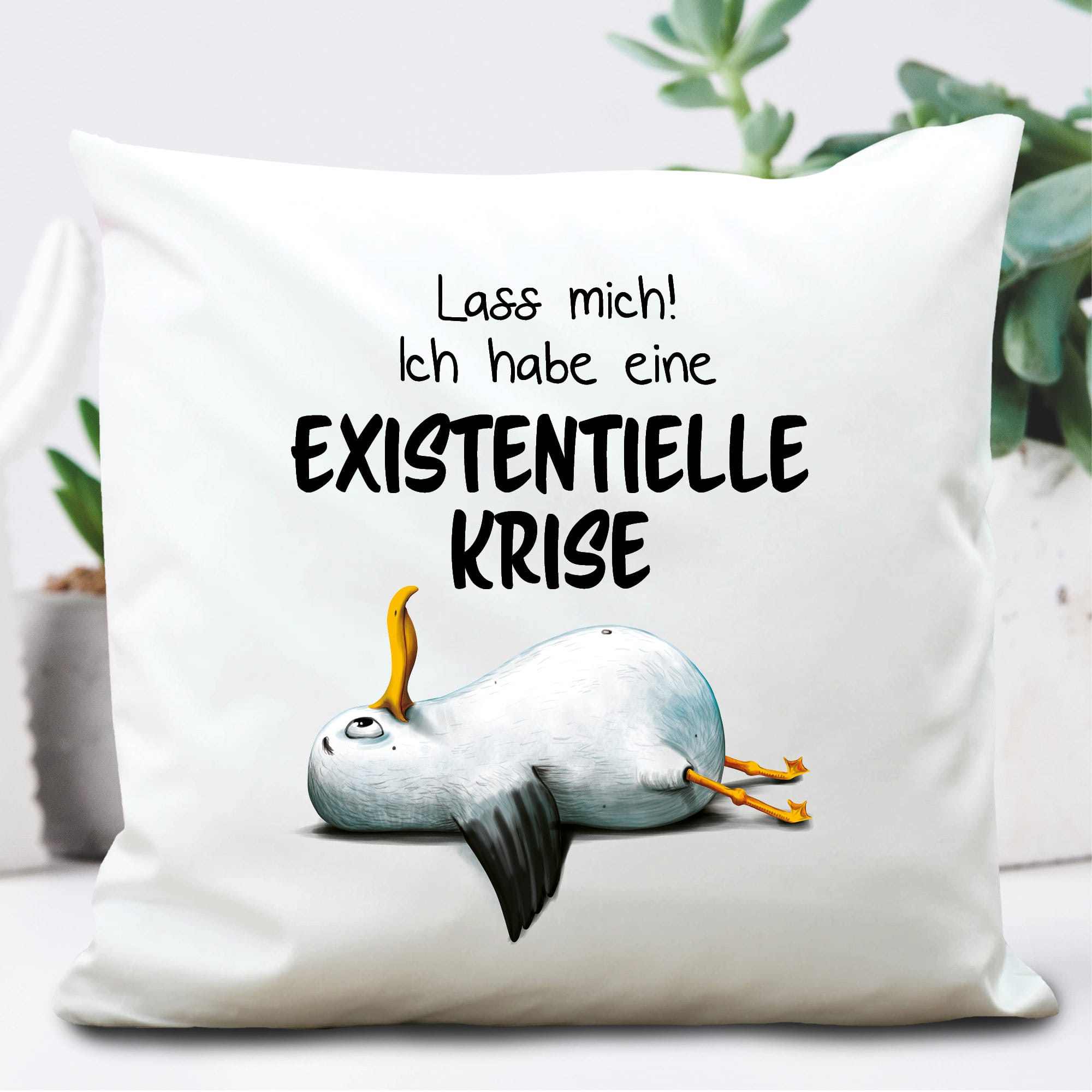 Kissen aus Polyester Möwe mit Spruch Lass mich ich habe eine existenzielle Krise, 40 x 40 cm