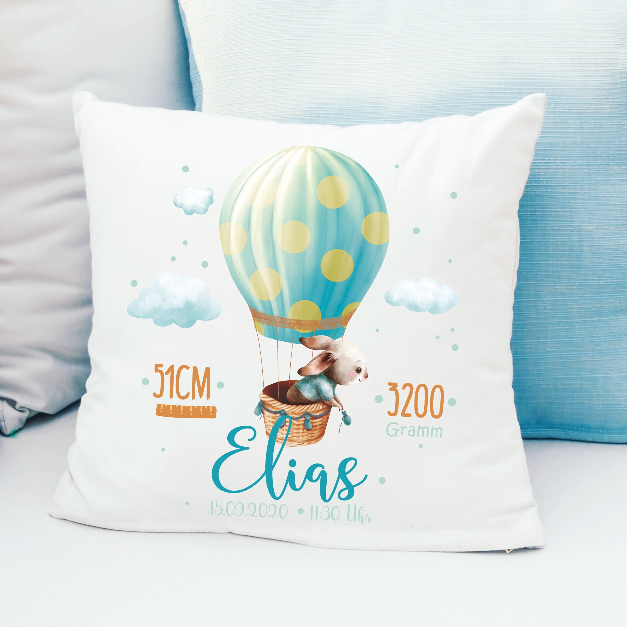 Kissen Geburt Hase im Heißluftballon, Geschenk zur Geburt personalisiertes Geburtskissen