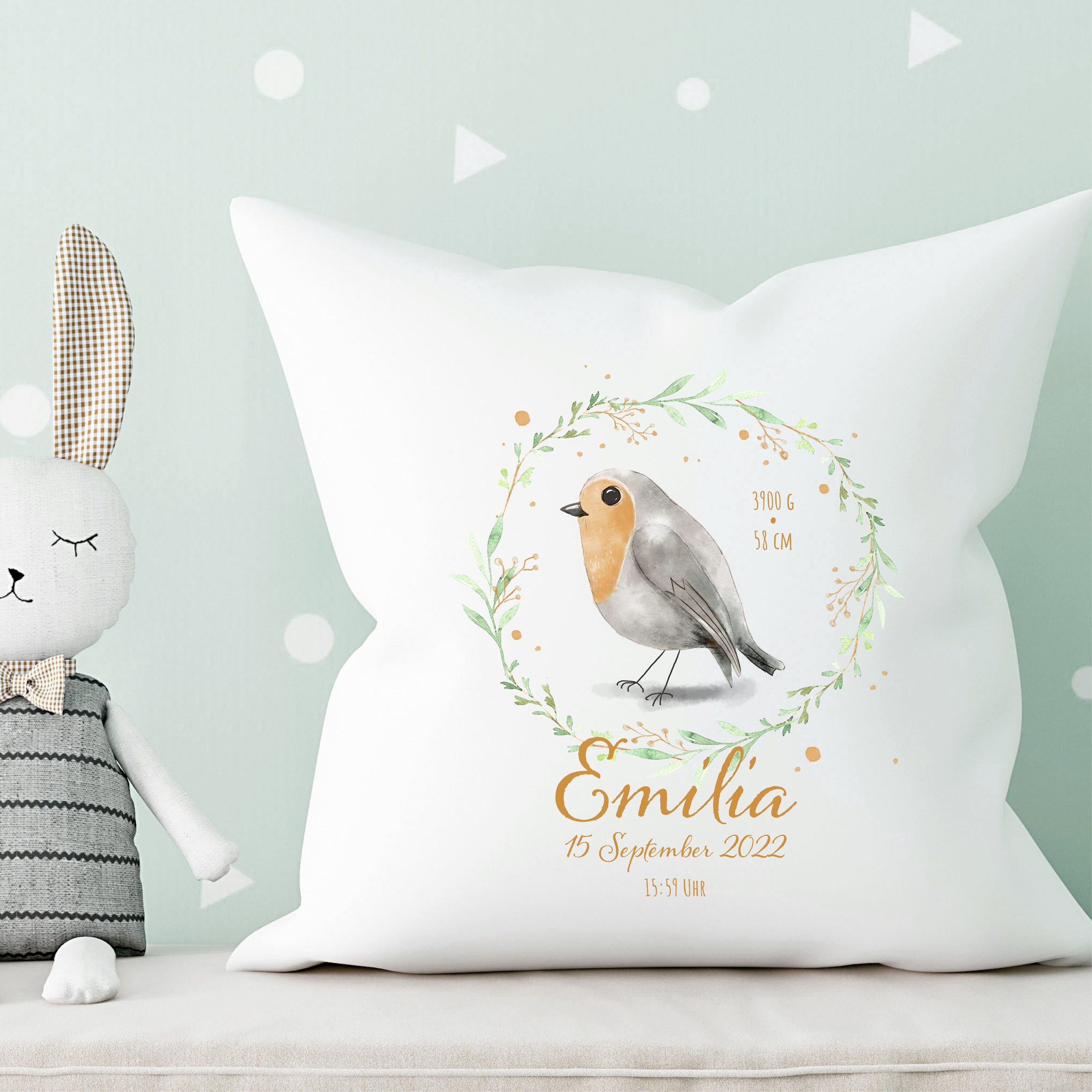 Kissen Geburt Blätterkranz Geschenk personalisiertes Geburtskissen Geschenk zur Taufe