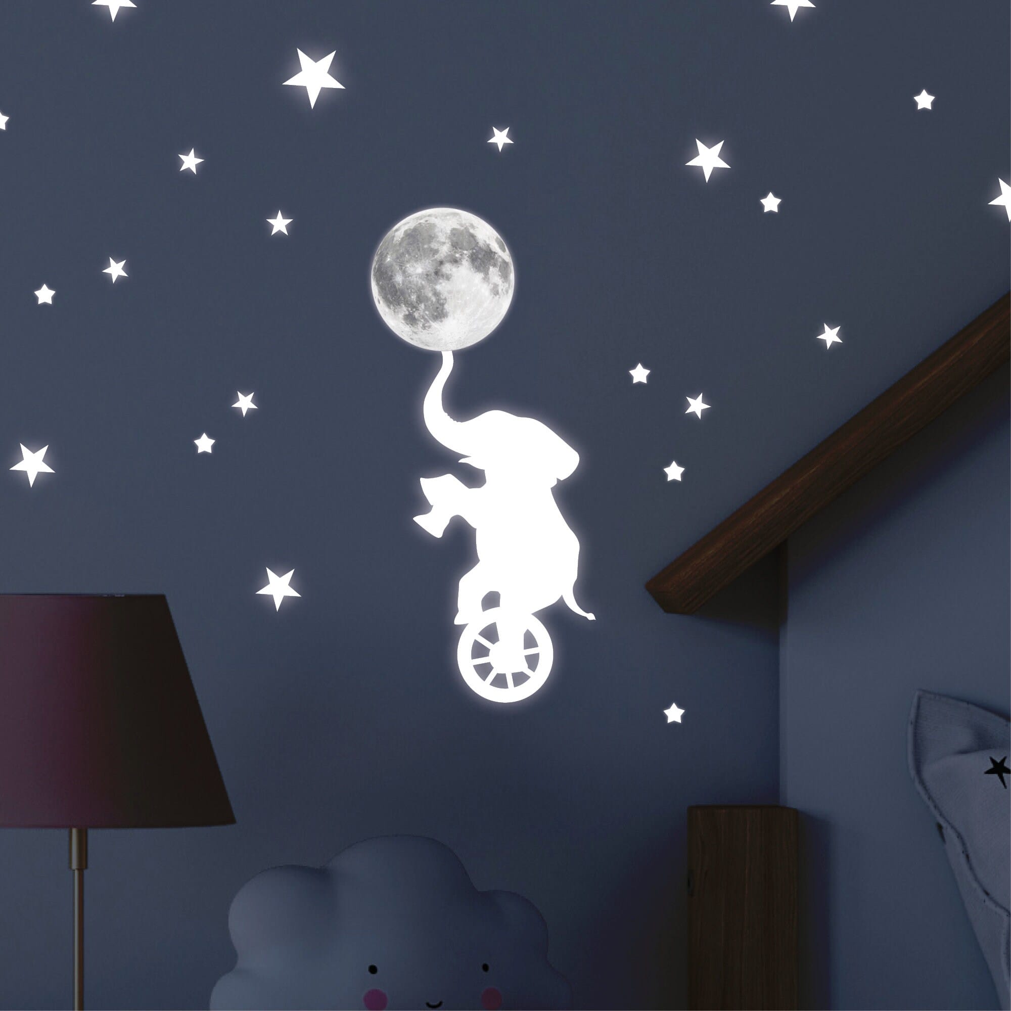 Leuchtaufkleber Kinderzimmer Zirkus Elefant mit Mond und Leuchtsterne leuchten im Dunklen