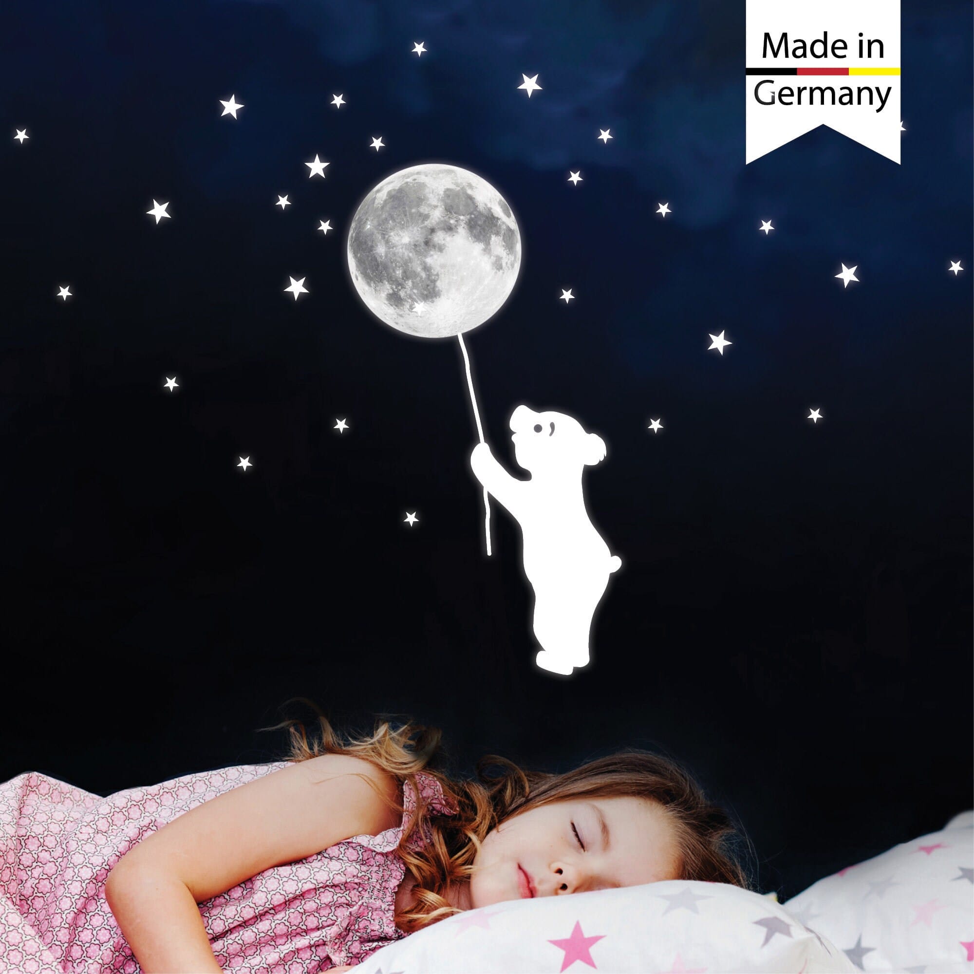 Leuchtaufkleber Wandtattoo Kinderzimmer Bär mit Mond und 54 Leuchtsterne leuchten im Dunklen, Dekoration Kinderzimmer