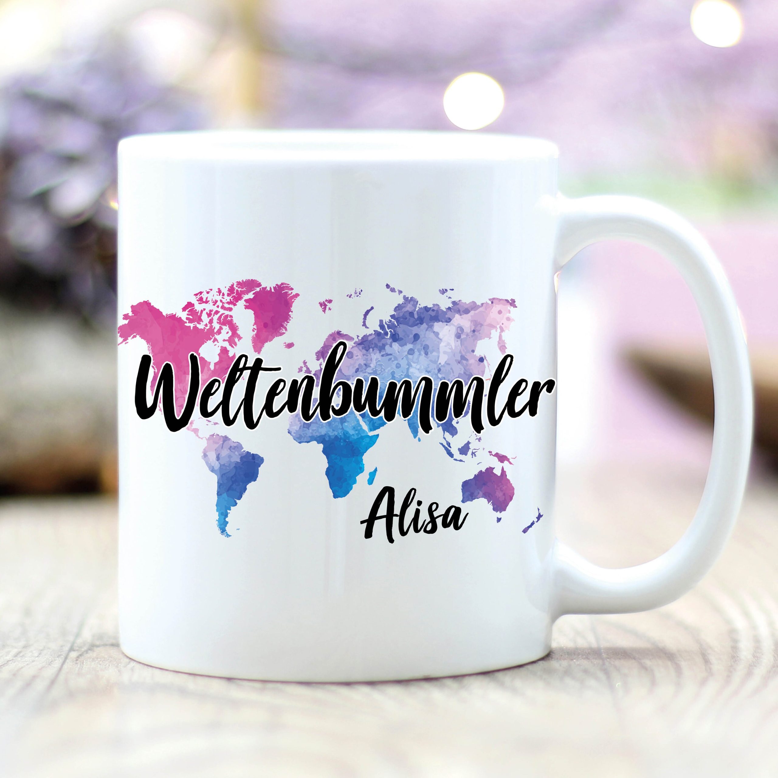 Personalisierte Tasse Kaffeetasse Weltenbummler Wunschnamen, Geschenk Geburtstag