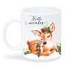 Auf dem Bild ist das Produkt: Tasse bedruckt Reh mit Hase Hello winter Geschenk Weihnachten Nikolausgeschenk Glühweintasse zum Preis von €15.90 abgebildet.