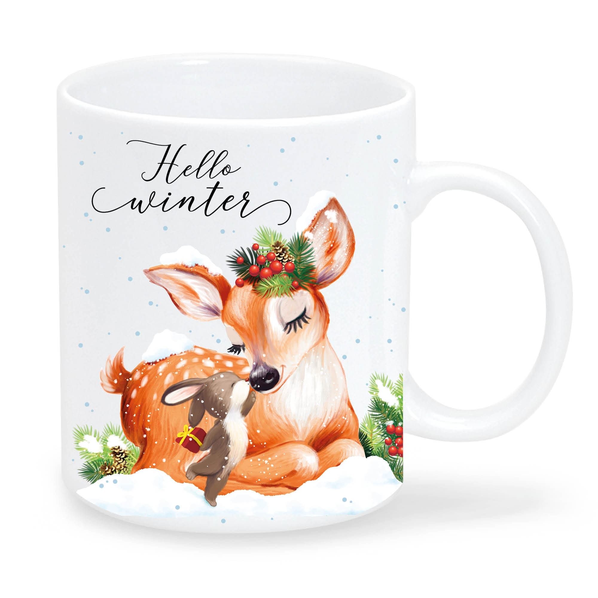 Tasse bedruckt Reh mit Hase Hello winter Geschenk Weihnachten Nikolausgeschenk Glühweintasse