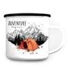 Auf dem Bild ist das Produkt: Tasse Campingbecher Emaille Berge und rotes Zelt, Adventure begins, Reisen Urlaub, Geschenk Geburtstag Camper, Weihnachtsgeschenk zum Preis von €18.90 abgebildet.