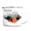 Auf dem Bild ist das Produkt: Tasse Campingbecher Emaille Berge und rotes Zelt, Adventure begins, Reisen Urlaub, Geschenk Geburtstag Camper, Weihnachtsgeschenk zum Preis von €18.90 abgebildet.