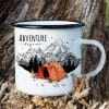 Auf dem Bild ist das Produkt: Tasse Campingbecher Emaille Berge und rotes Zelt, Adventure begins, Reisen Urlaub, Geschenk Geburtstag Camper, Weihnachtsgeschenk zum Preis von €18.90 abgebildet.