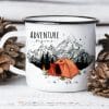 Auf dem Bild ist das Produkt: Tasse Campingbecher Emaille Berge und rotes Zelt, Adventure begins, Reisen Urlaub, Geschenk Geburtstag Camper, Weihnachtsgeschenk zum Preis von €18.90 abgebildet.