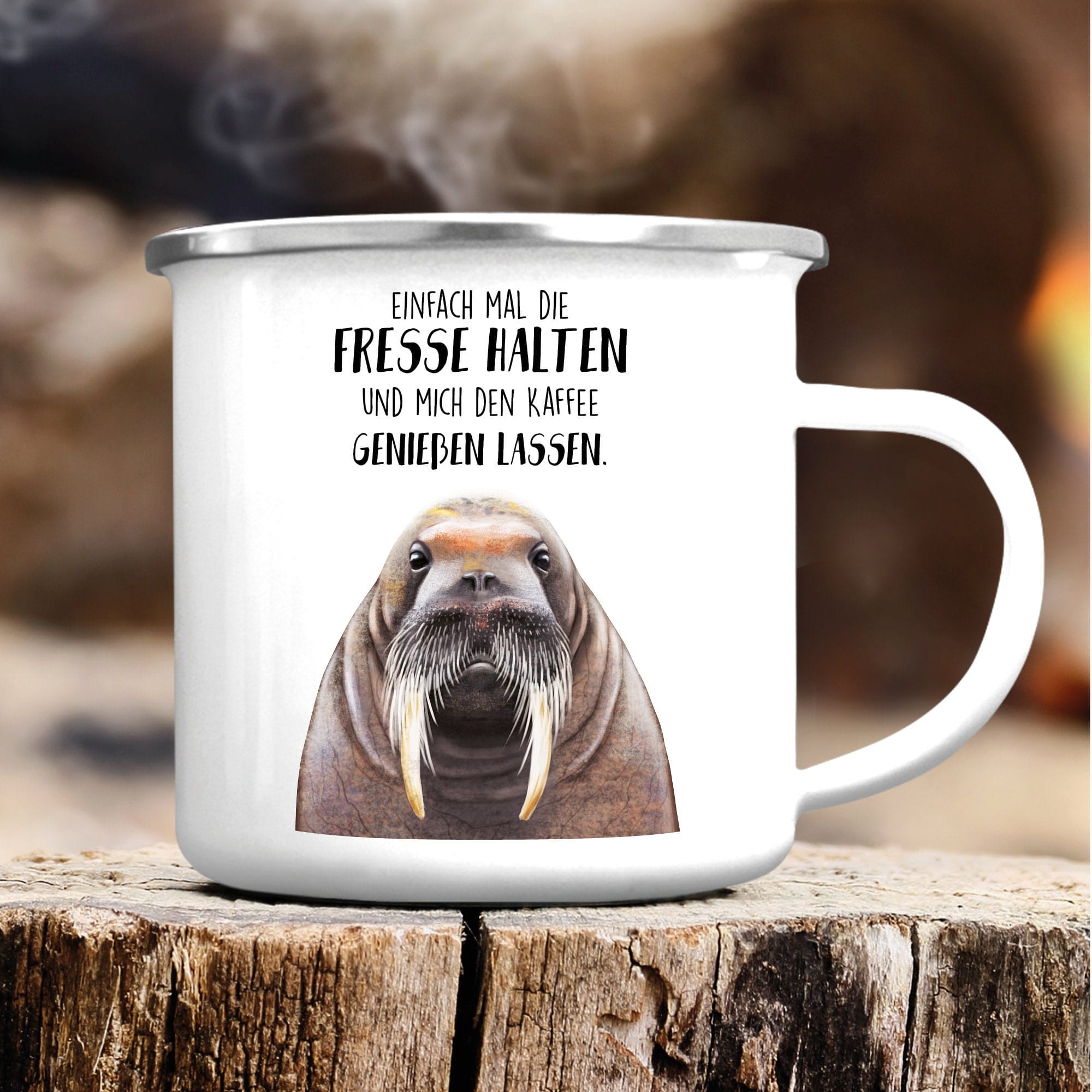 Tasse Emaille Campingbecher Walross Fresse halten Kaffeetasse Kaffeebecher