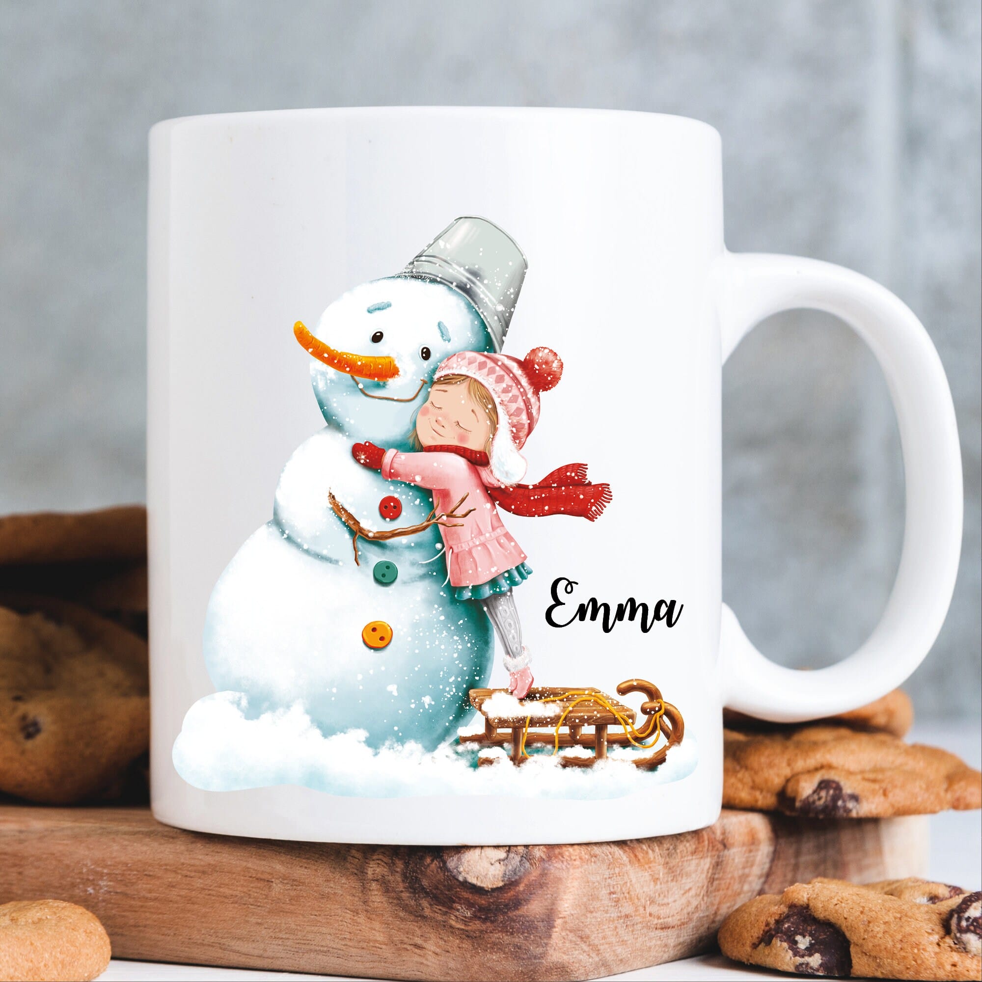 Tasse Schneemann Mädchen Keramiktasse für den Winter bedruckt winterlich Schneemann und Mädchen personalisiert mit Namen Geschenk