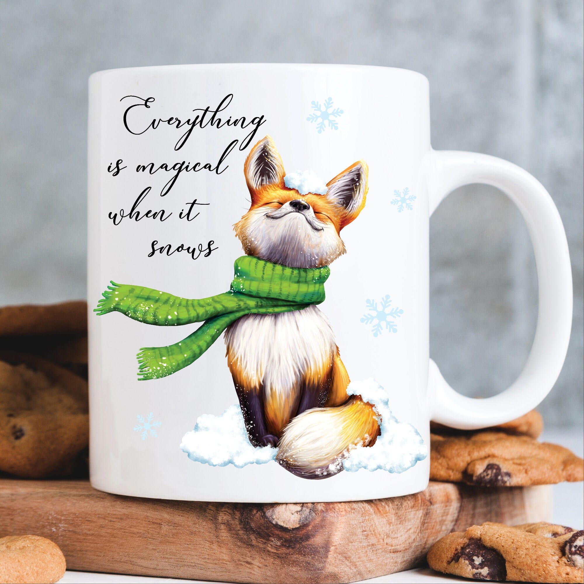Tasse für die Winterzeit, bedruckt Fuchs Everything is magical when it snows, Geschenk Kaffeetasse Kaffeebecher