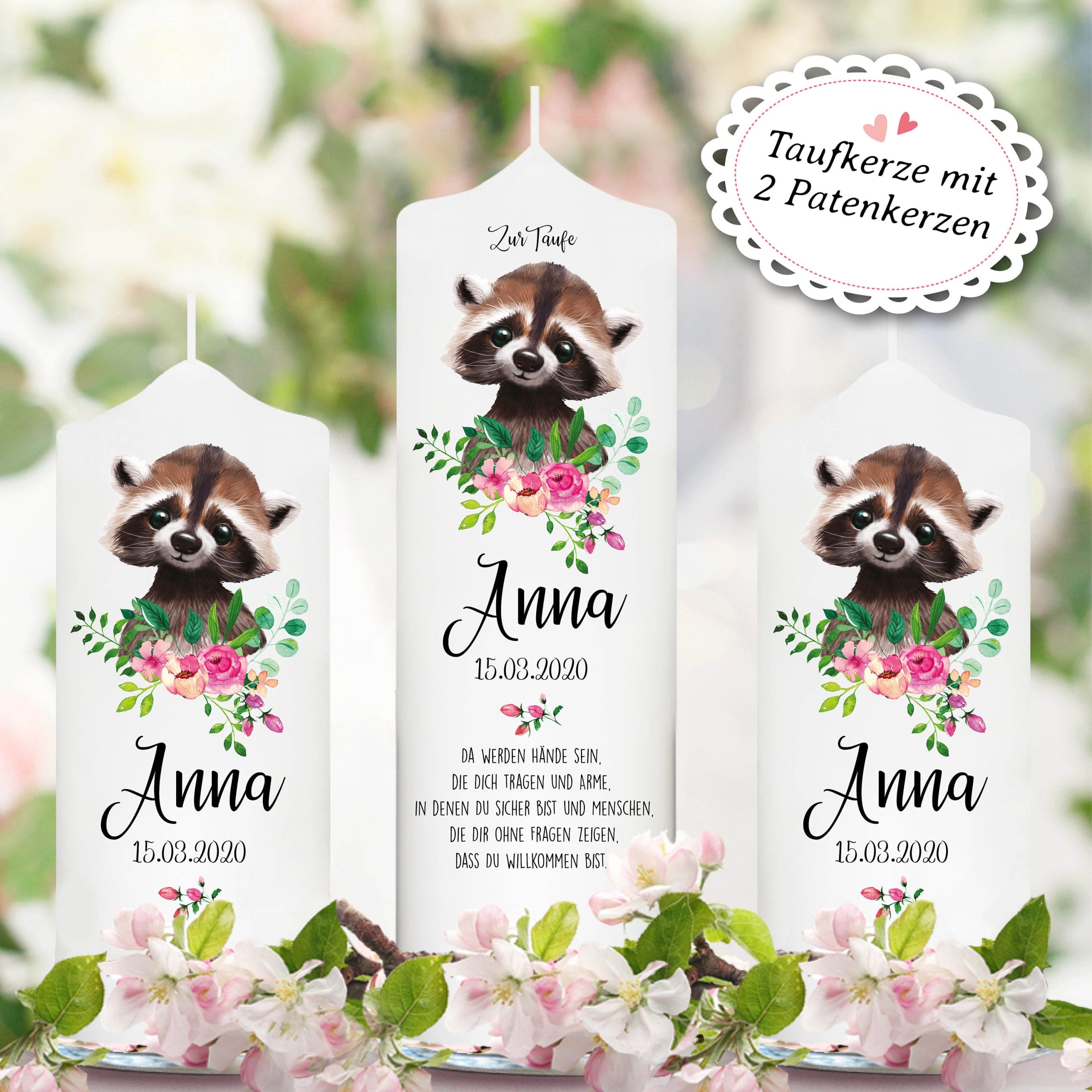 Taufkerze Junge Mädchen Waschbär Baby Kerze zur Taufe mit Namen, Datum und eigenem, vorgegebenem oder keinem Taufspruch