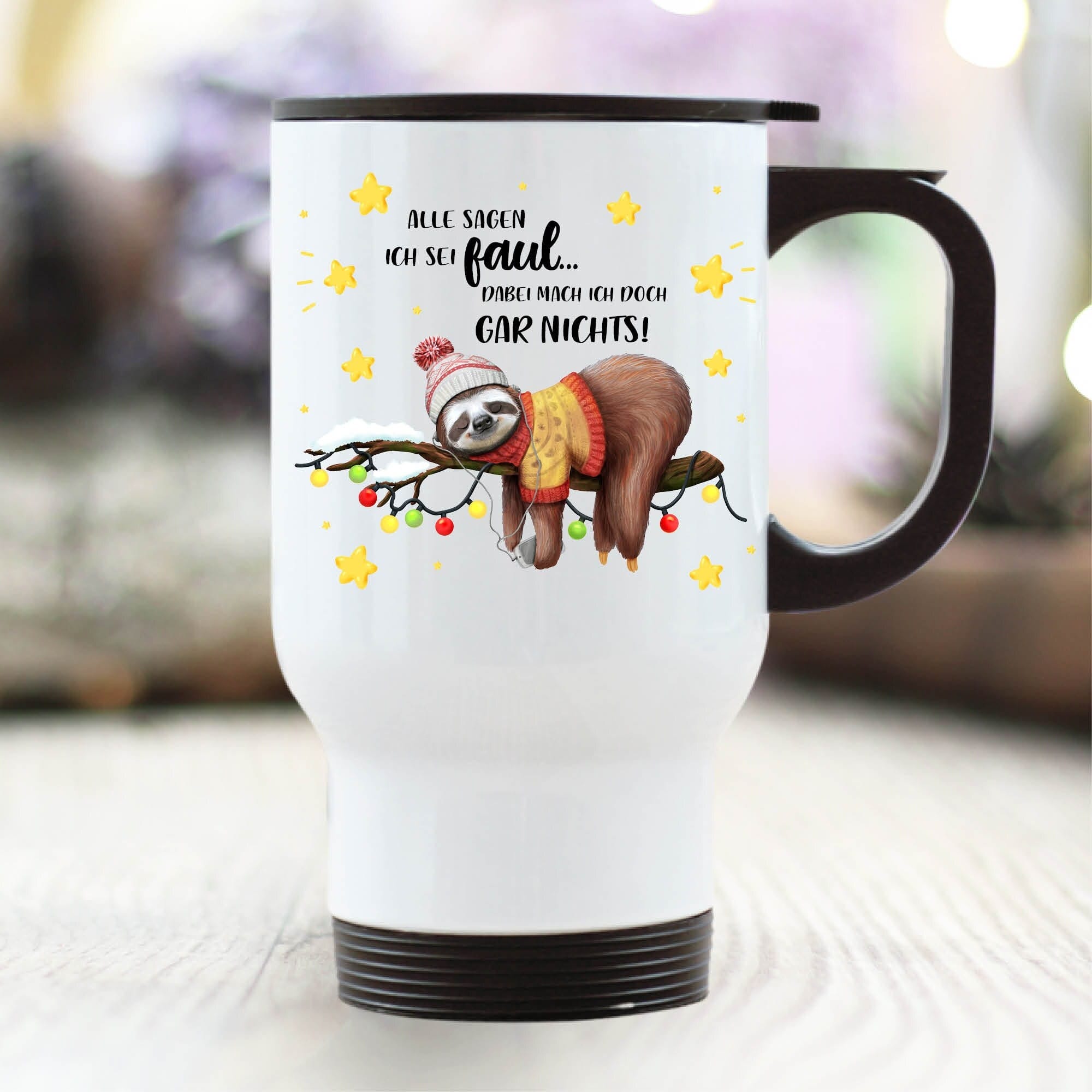 Thermobecher mit Griff Faultier auf Ast Weihnachtstasse Kaffeebecher to go mit Spruch