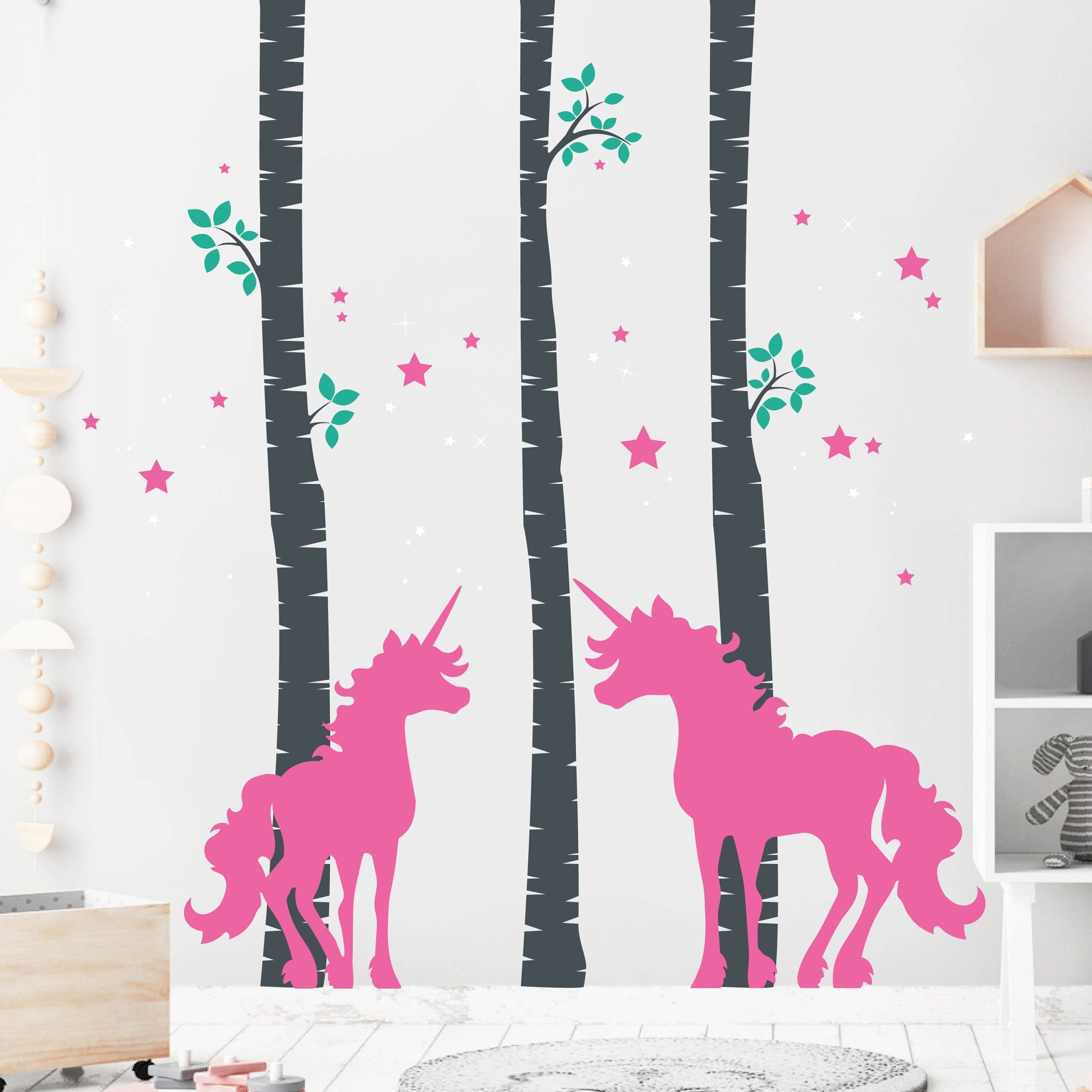 Wandtattoo Kinderzimmer Birken Einhorn und 100 Leuchtaufkleber Dekoration Kinderzimmer Babyzimmer