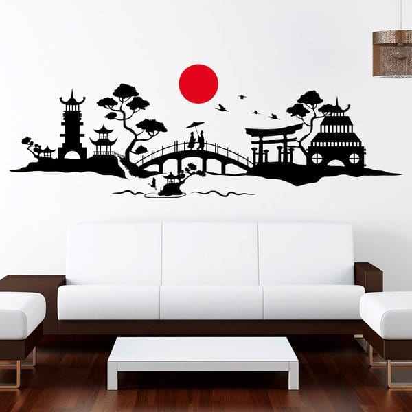 Wandtattoo Skyline Japan Kraniche Asien 2farbig