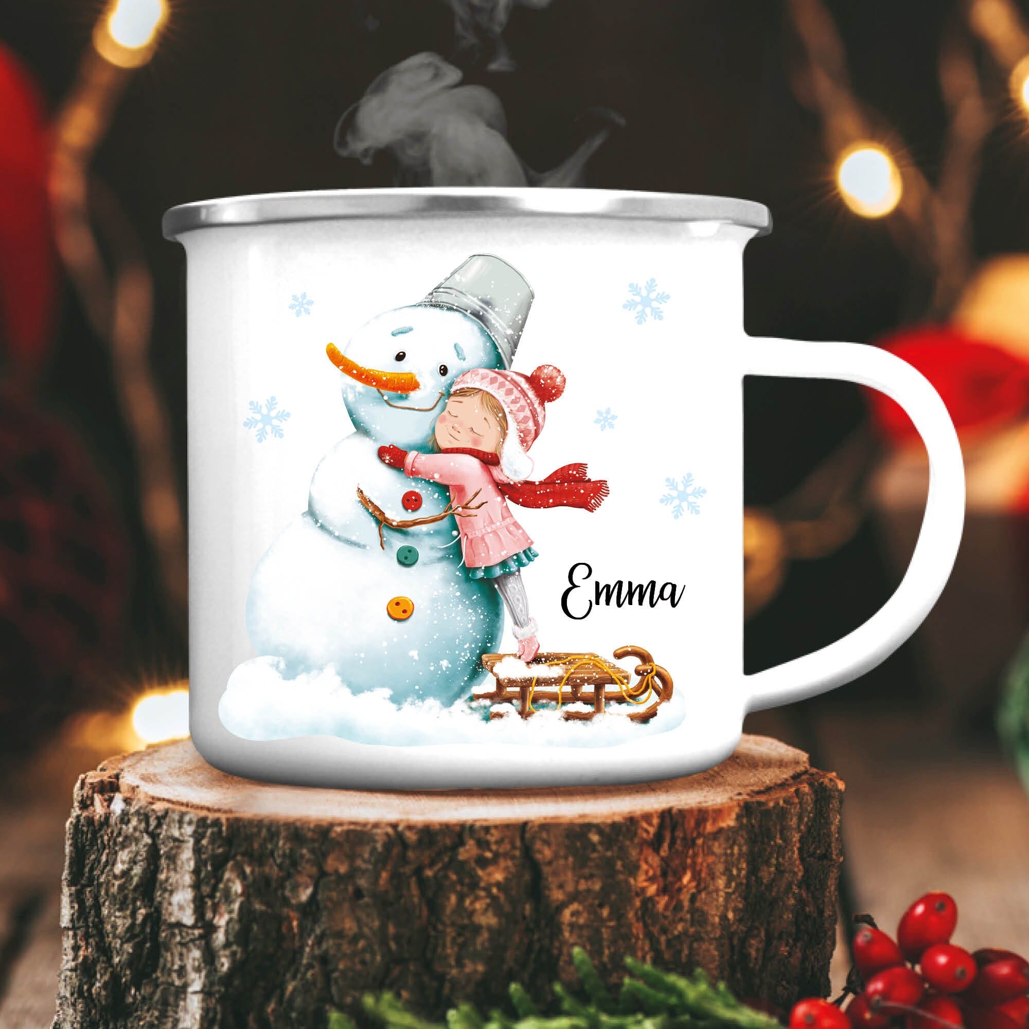 Kindertasse Emaille Campingbecher Schneemann mit Mädchen personalisiert mit Wunschname Outdoorgeschirr Geschenk