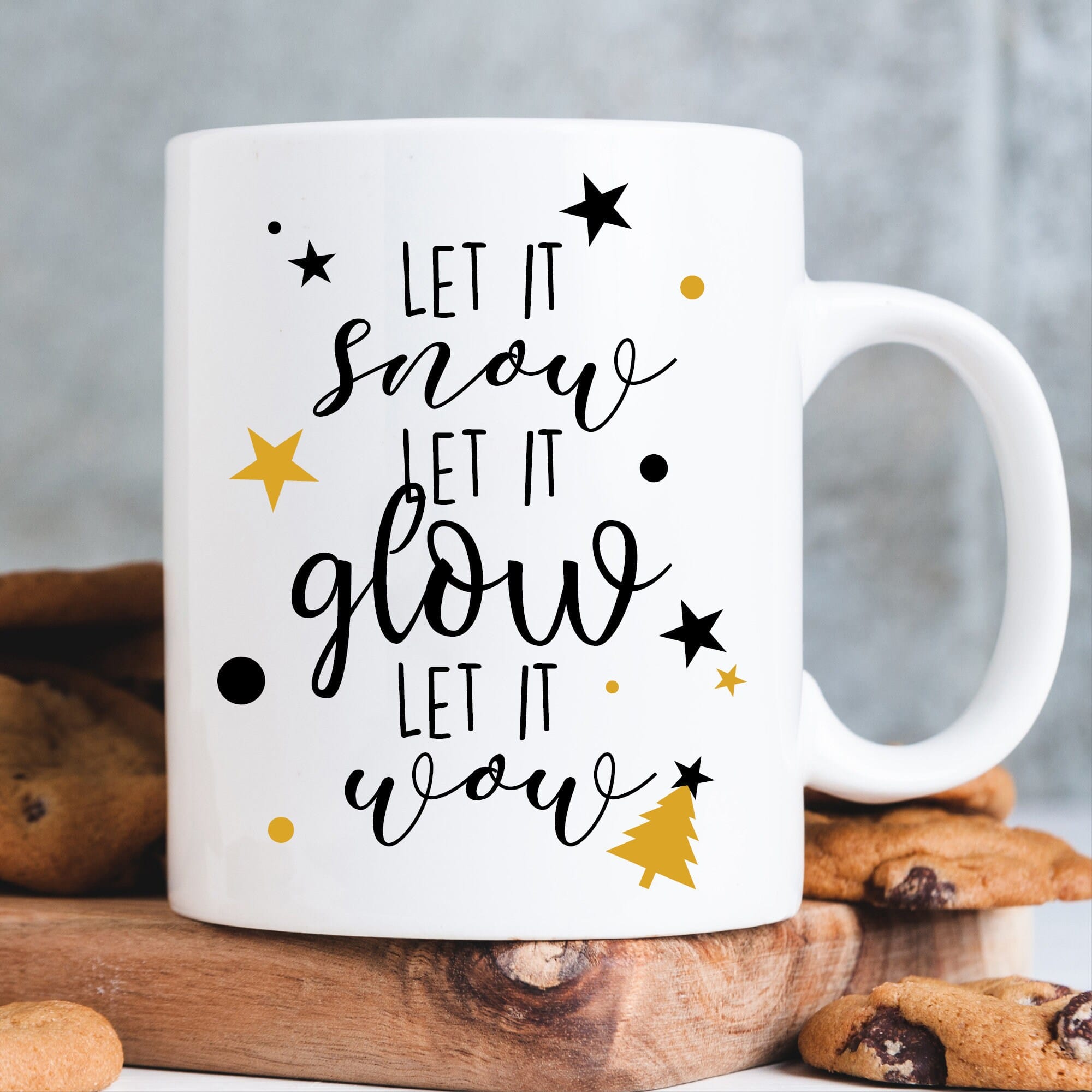 Tasse bedruckt Spruch Weihnachtstasse Nikolaus Let it snow let it glow let it wow Glühweintasse