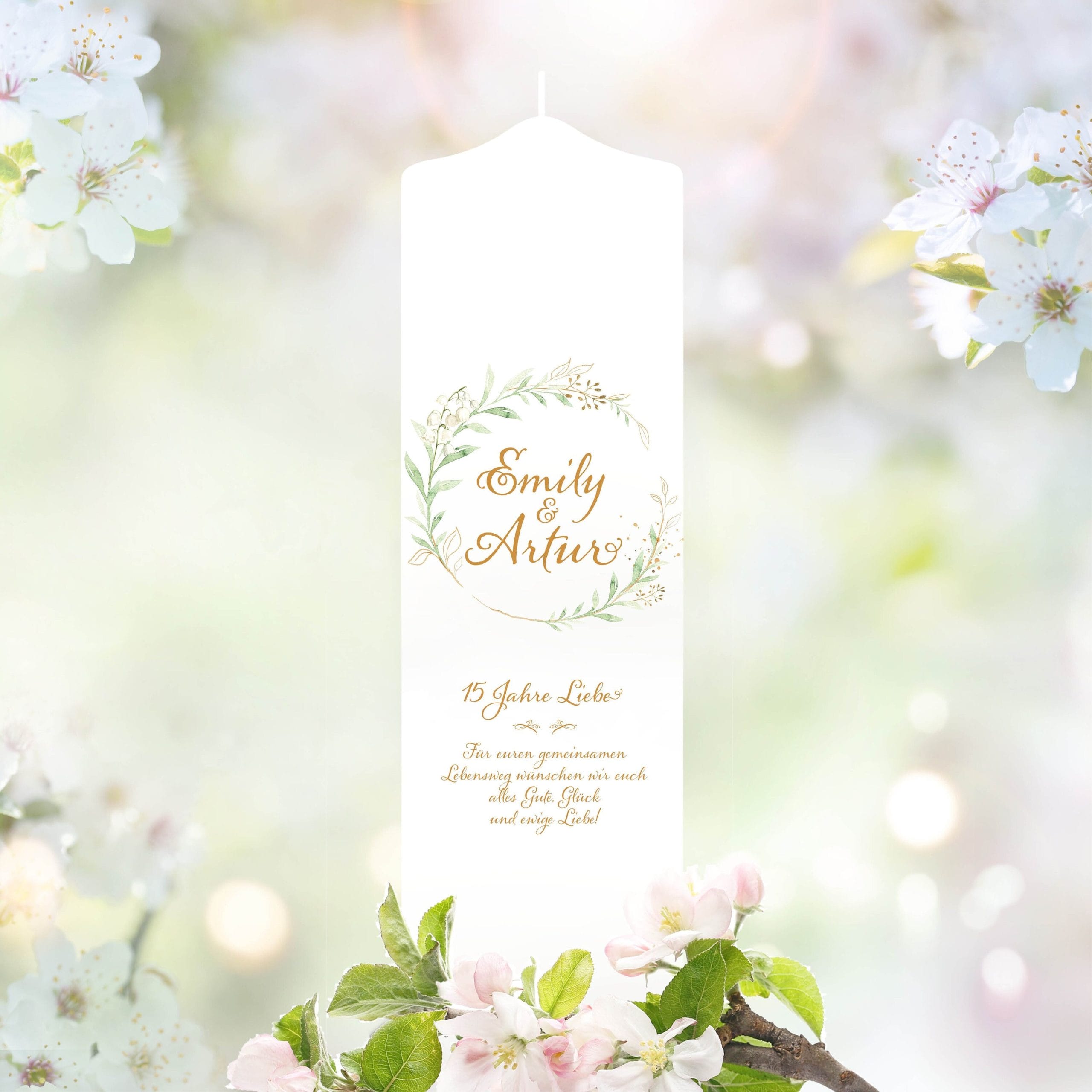 Weiße Hochzeitskerze Geburtstagskerze Blumenkranz Maiglöckchen personalisiert Hochzeitsgeschenk Spruch, Valentinstagsgeschenk