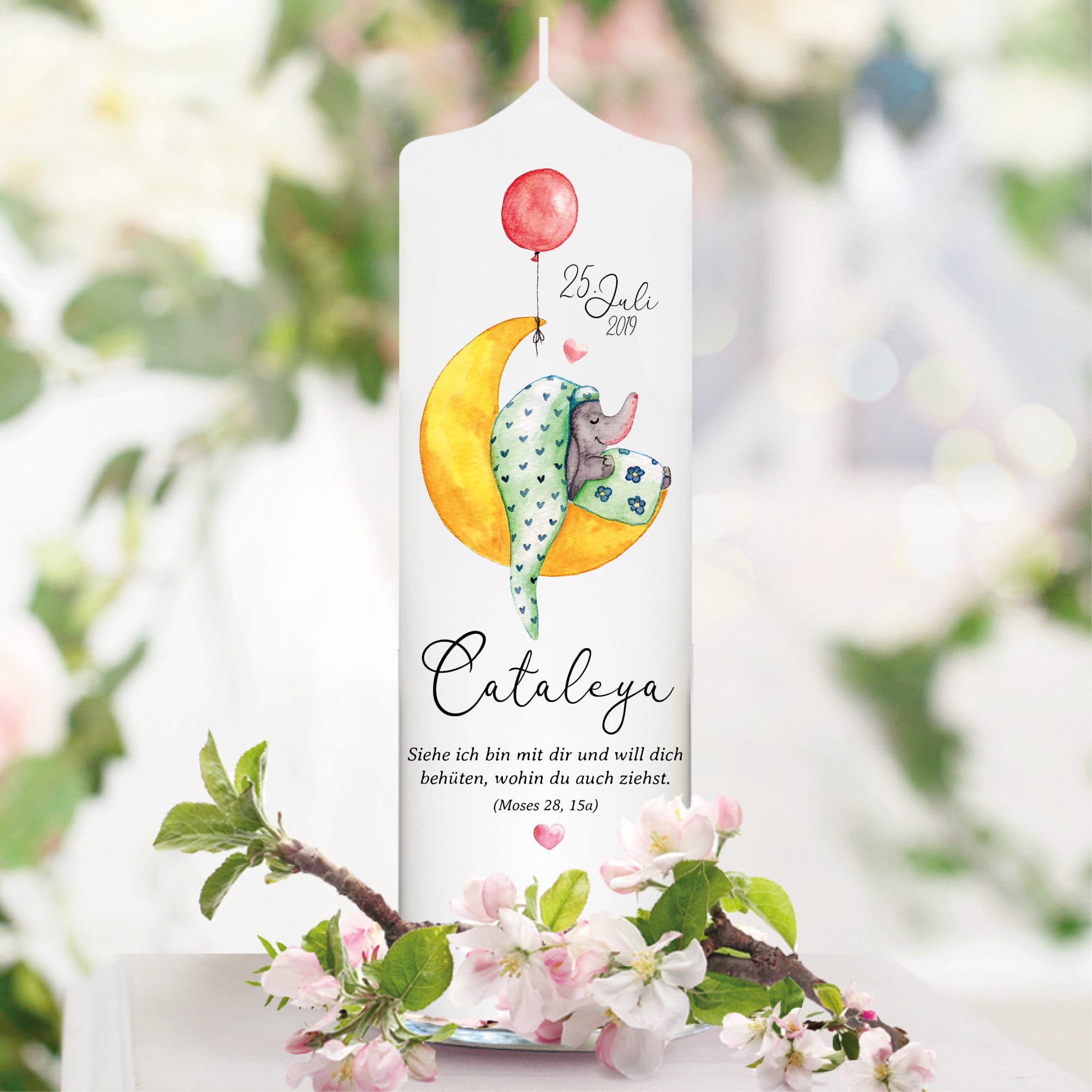 Weiße Taufkerze Kerze zur Taufe oder Geburt Elefant auf Mond mit Name Datum Taufspruch