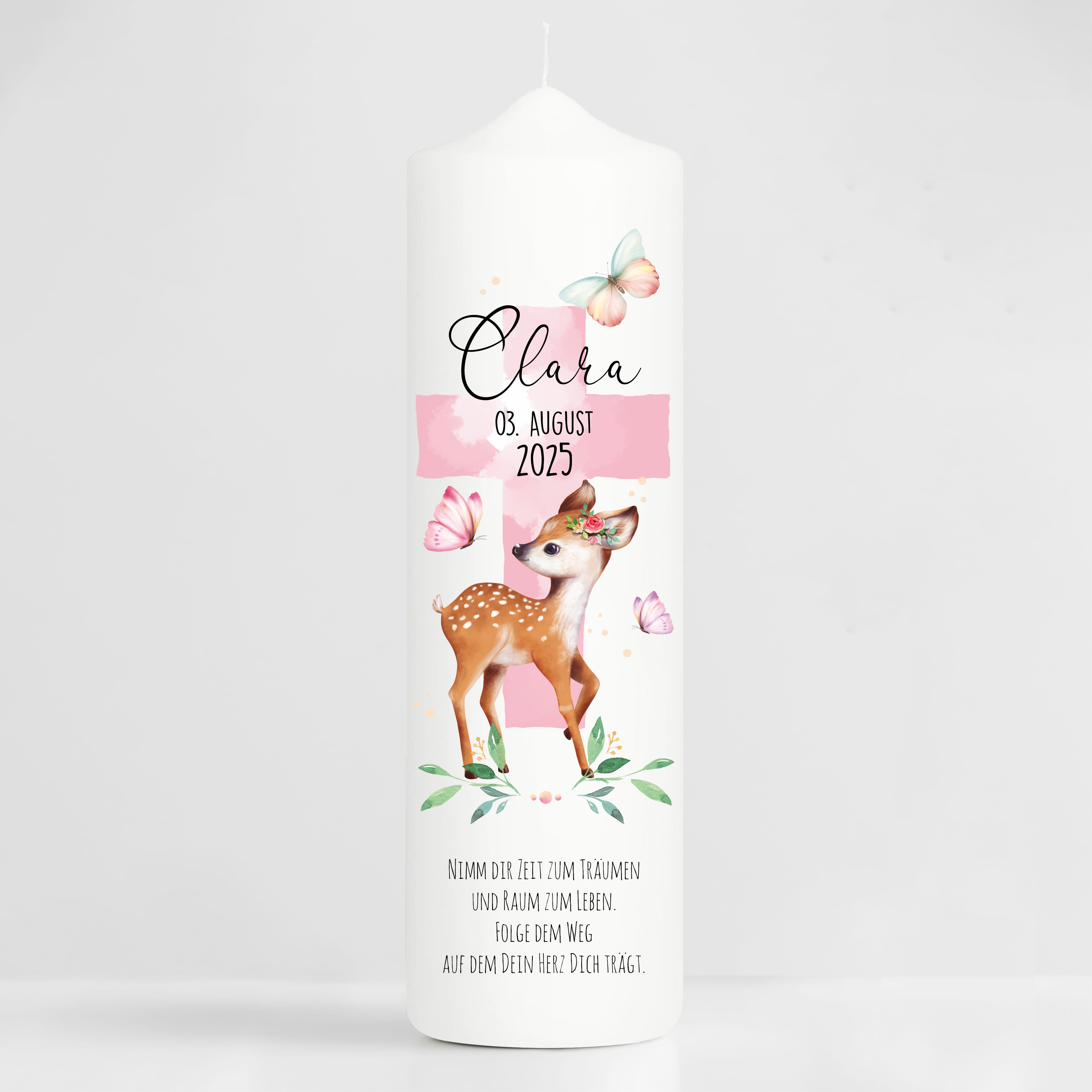 Auf dem Bild ist das Produkt: Taufkerze Junge Mädchen Reh Rehkitz heiliges Kreuz pastell mit Namen Datum und auf Wunsch eigenem vorgegebenem oder keinem Taufspruch zum Preis von €6.4 abgebildet.