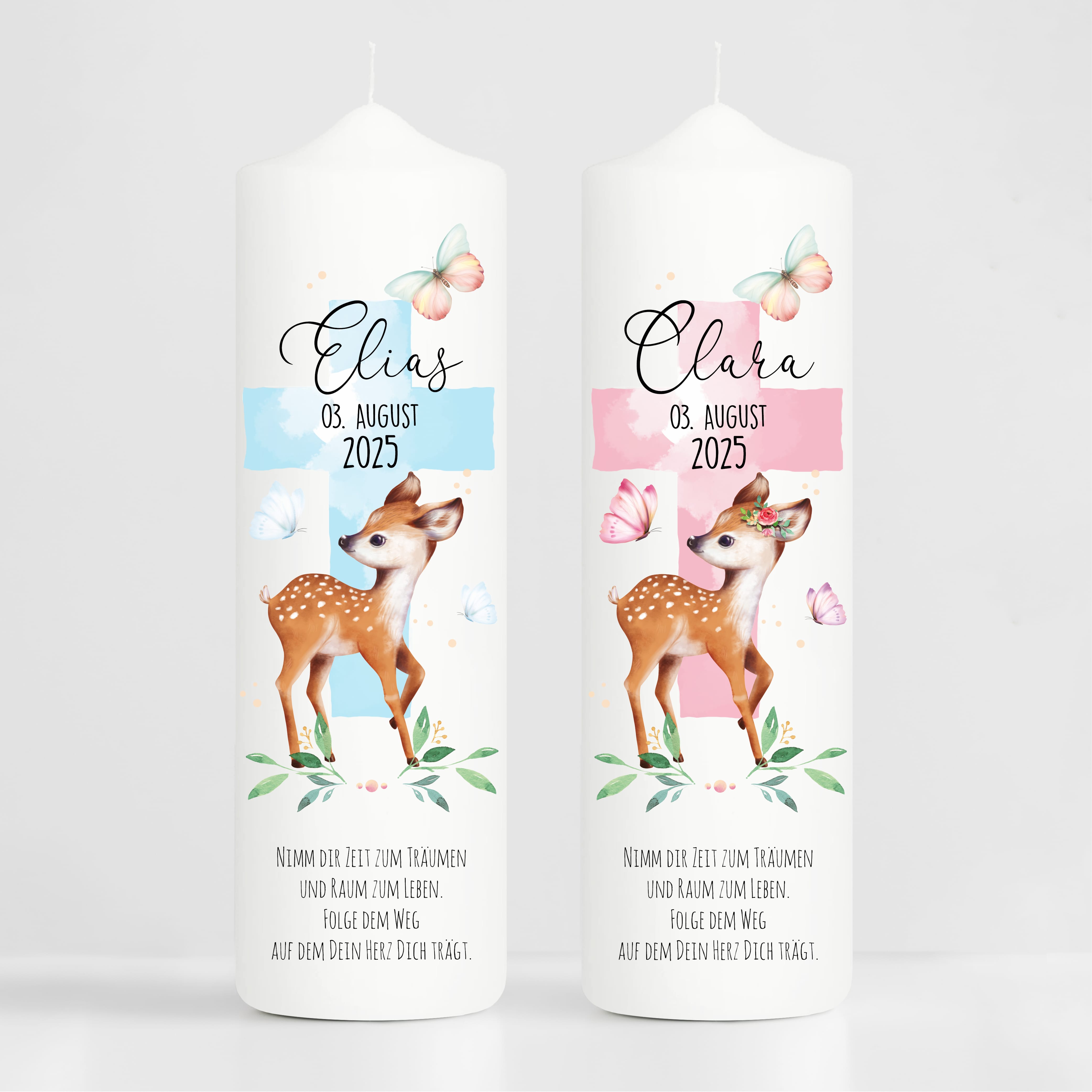 Auf dem Bild ist das Produkt: Taufkerze Junge Mädchen Reh Rehkitz heiliges Kreuz pastell mit Namen Datum und auf Wunsch eigenem vorgegebenem oder keinem Taufspruch zum Preis von €6.4 abgebildet.