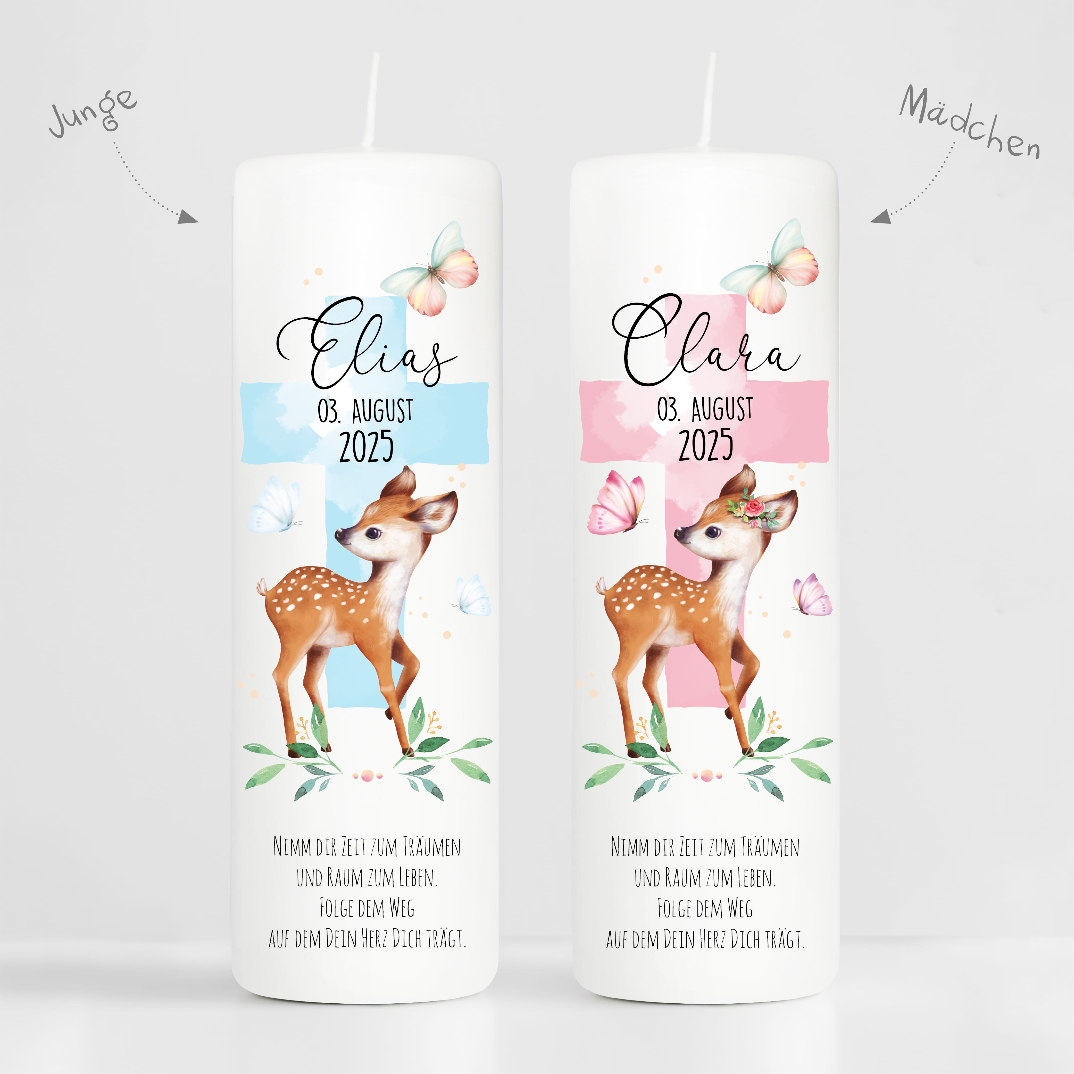 Auf dem Bild ist das Produkt: Taufkerze Junge Mädchen Reh Rehkitz heiliges Kreuz pastell mit Namen Datum und auf Wunsch eigenem vorgegebenem oder keinem Taufspruch zum Preis von €6.4 abgebildet.