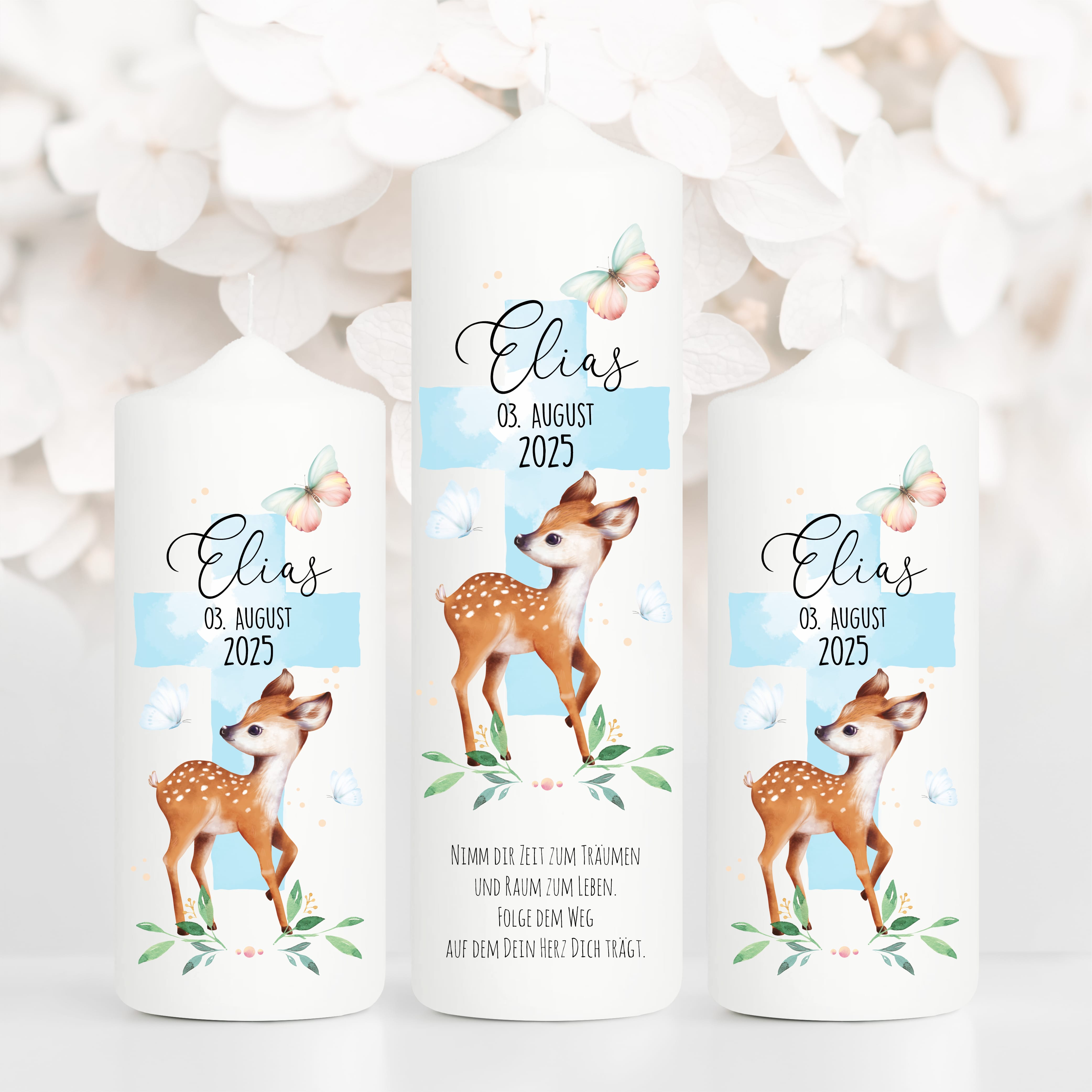 Auf dem Bild ist das Produkt: Taufkerze Junge Mädchen Reh Rehkitz heiliges Kreuz pastell mit Namen Datum und auf Wunsch eigenem vorgegebenem oder keinem Taufspruch zum Preis von €6.4 abgebildet.