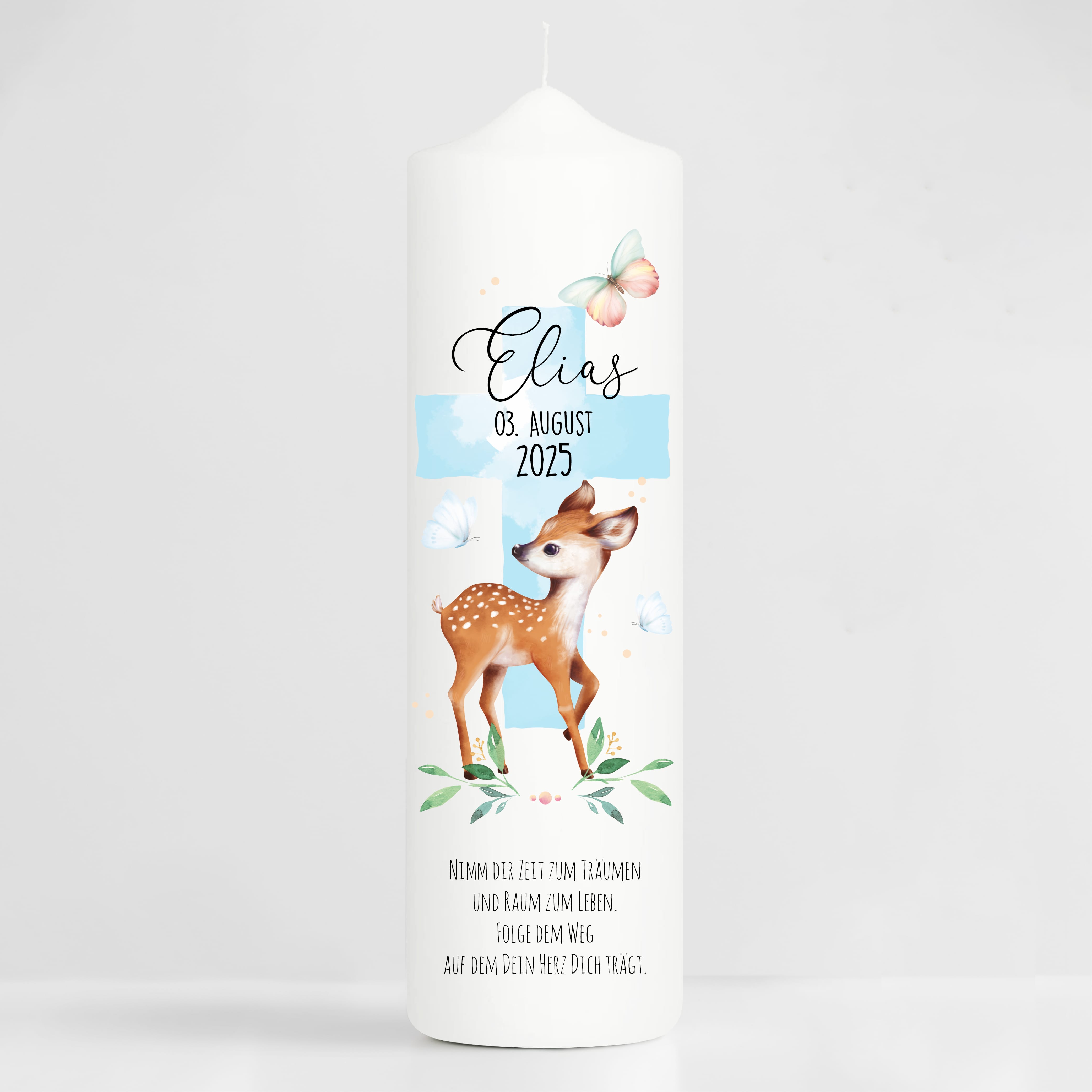 Auf dem Bild ist das Produkt: Taufkerze Junge Mädchen Reh Rehkitz heiliges Kreuz pastell mit Namen Datum und auf Wunsch eigenem vorgegebenem oder keinem Taufspruch zum Preis von €6.4 abgebildet.