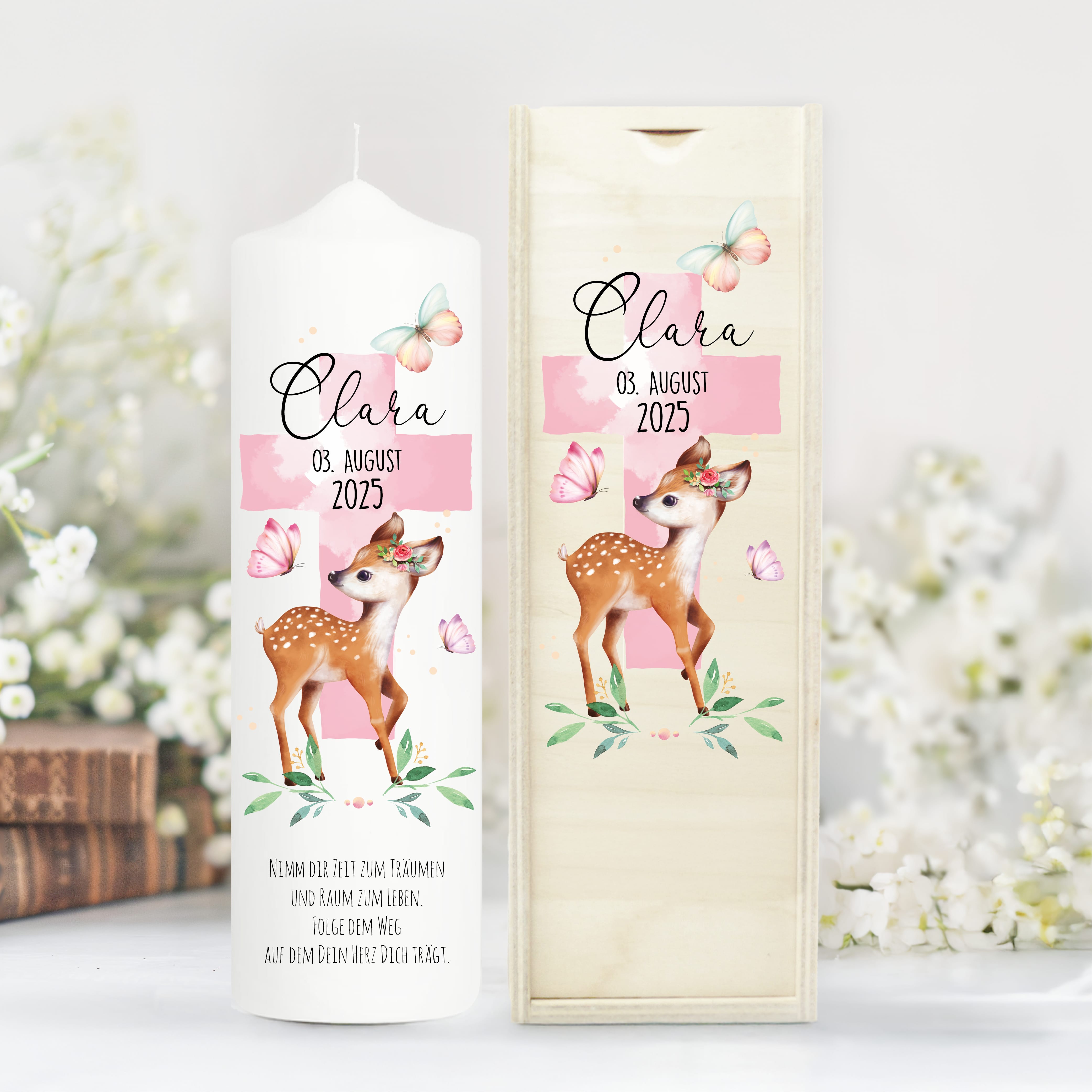 Taufkerze Junge Mädchen Reh Rehkitz heiliges Kreuz pastell mit Namen Datum und auf Wunsch eigenem vorgegebenem oder keinem Taufspruch