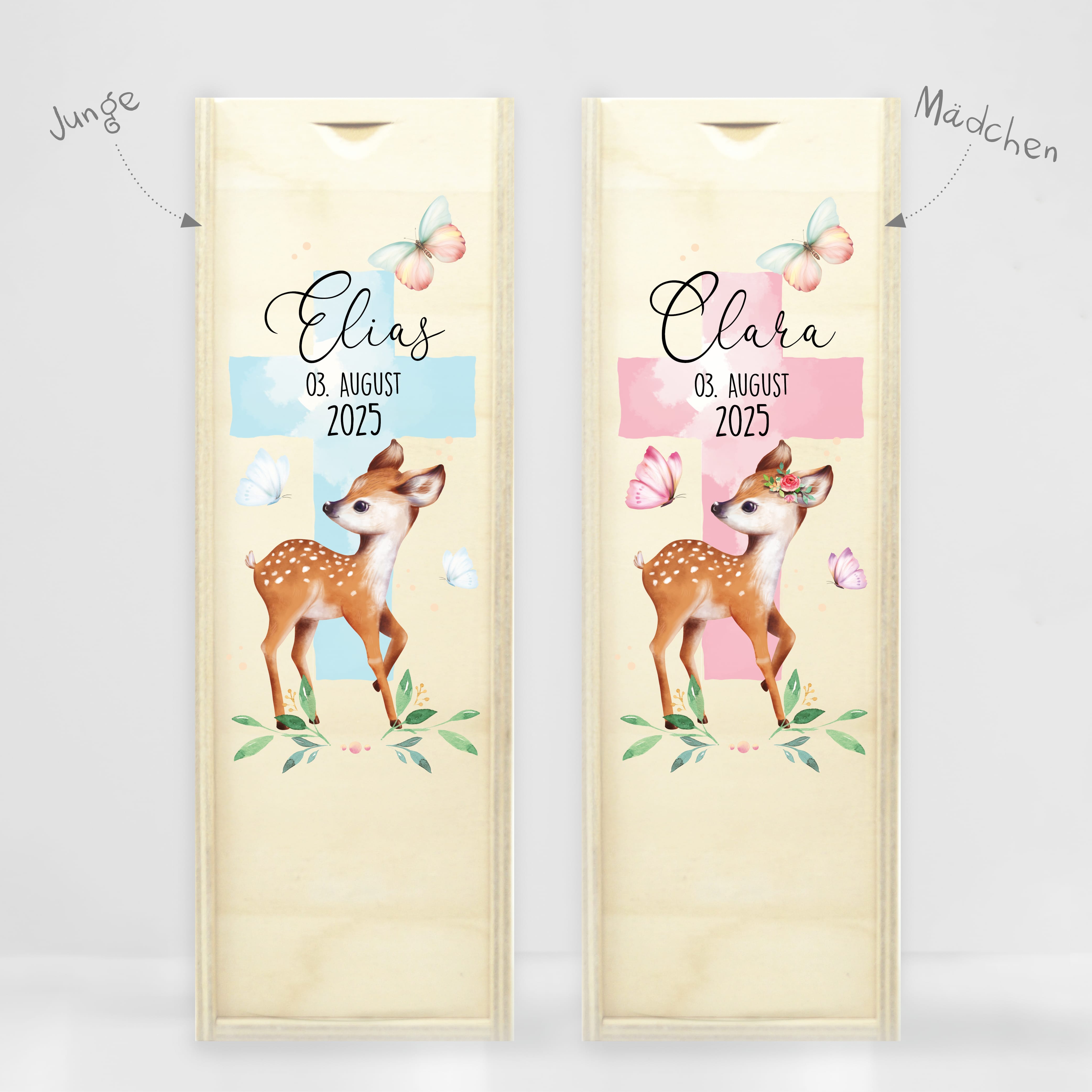 Auf dem Bild ist das Produkt: Taufkerze Junge Mädchen Reh Rehkitz heiliges Kreuz pastell mit Namen Datum und auf Wunsch eigenem vorgegebenem oder keinem Taufspruch zum Preis von €6.4 abgebildet.