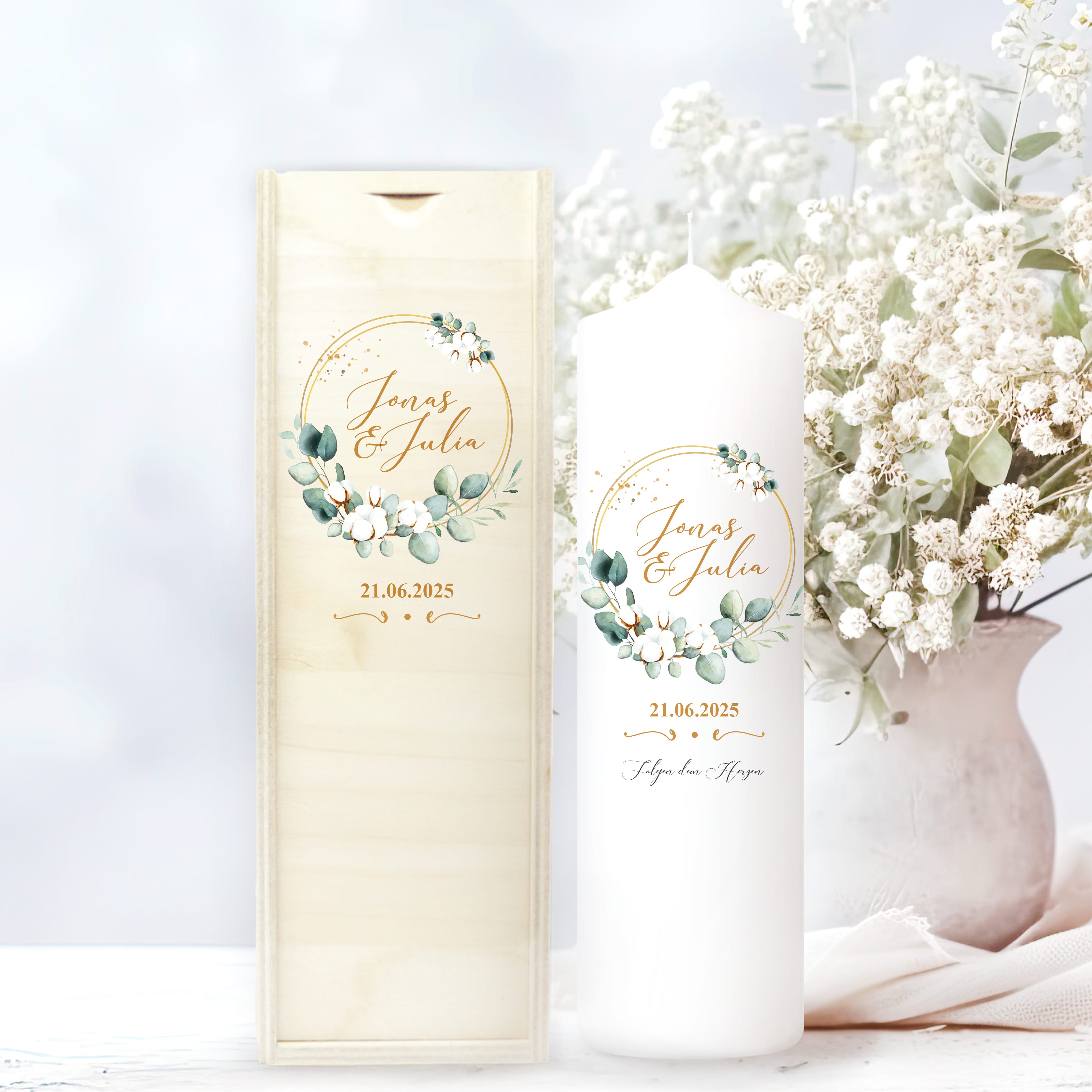 Weiße Hochzeitskerze Bätterkrank Baumwolle Eukalyptus Hochzeit personalisiertes Hochzeitsgeschenk Spruch Valentinstagsgeschenk