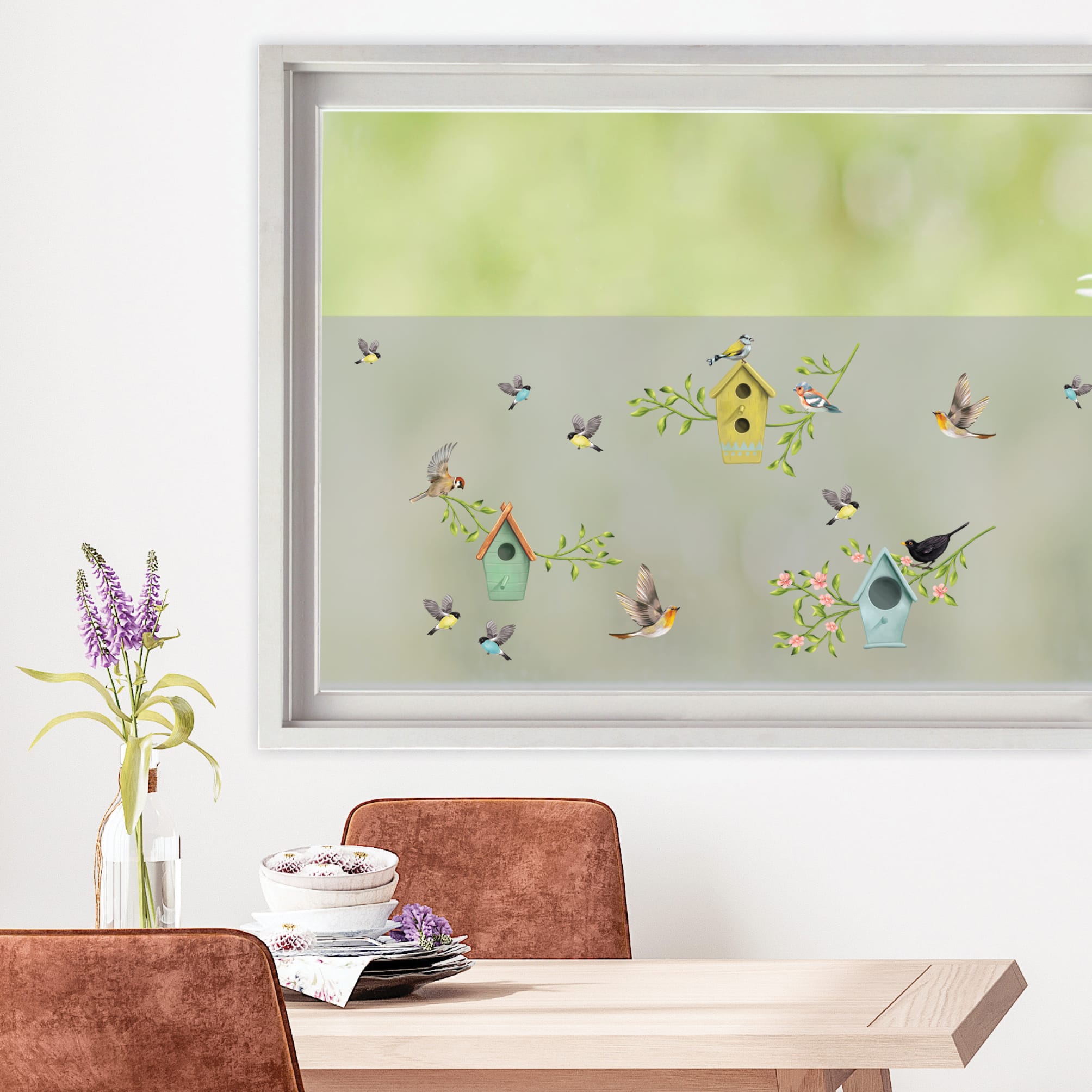 Auf dem Bild ist das Produkt: Sichtschutzfolie bunte mehrfarbige Vogelhäuser Fensterfolie Fensterdeko Milchglasfolie zum Preis von €24.9 abgebildet.