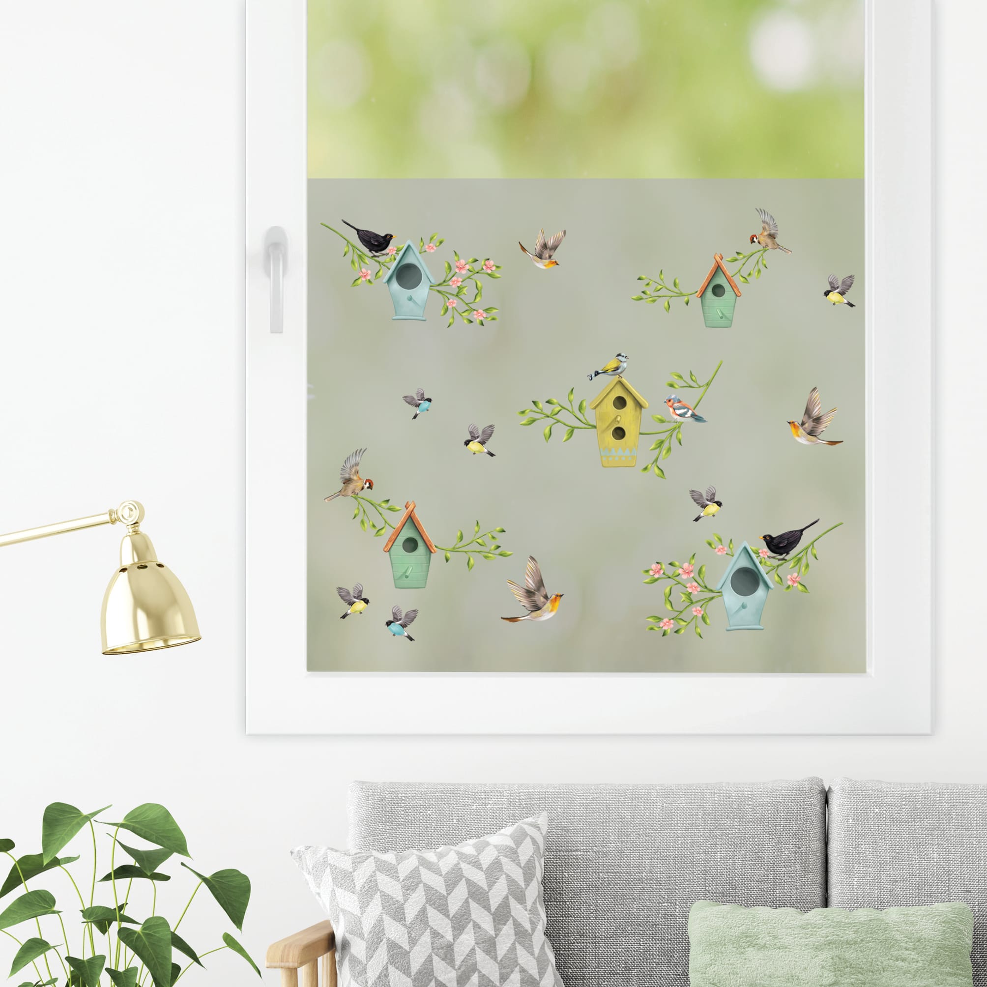 Auf dem Bild ist das Produkt: Sichtschutzfolie bunte mehrfarbige Vogelhäuser Fensterfolie Fensterdeko Milchglasfolie zum Preis von €24.9 abgebildet.