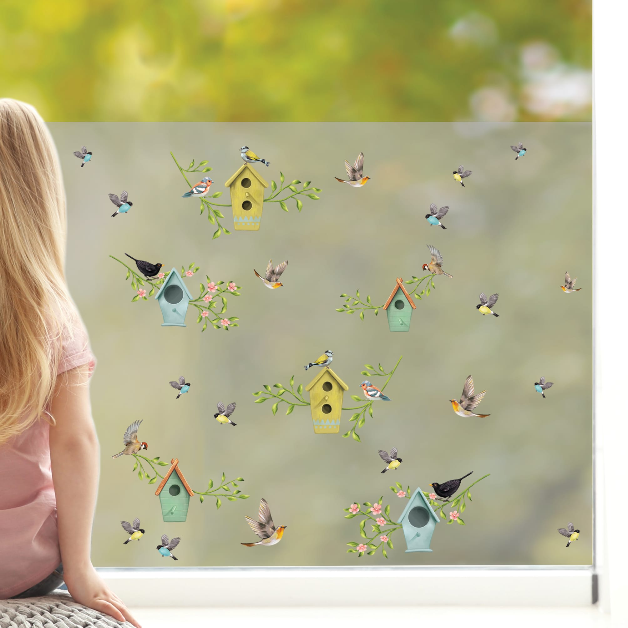 Sichtschutzfolie bunte mehrfarbige Vogelhäuser Fensterfolie Fensterdeko Milchglasfolie