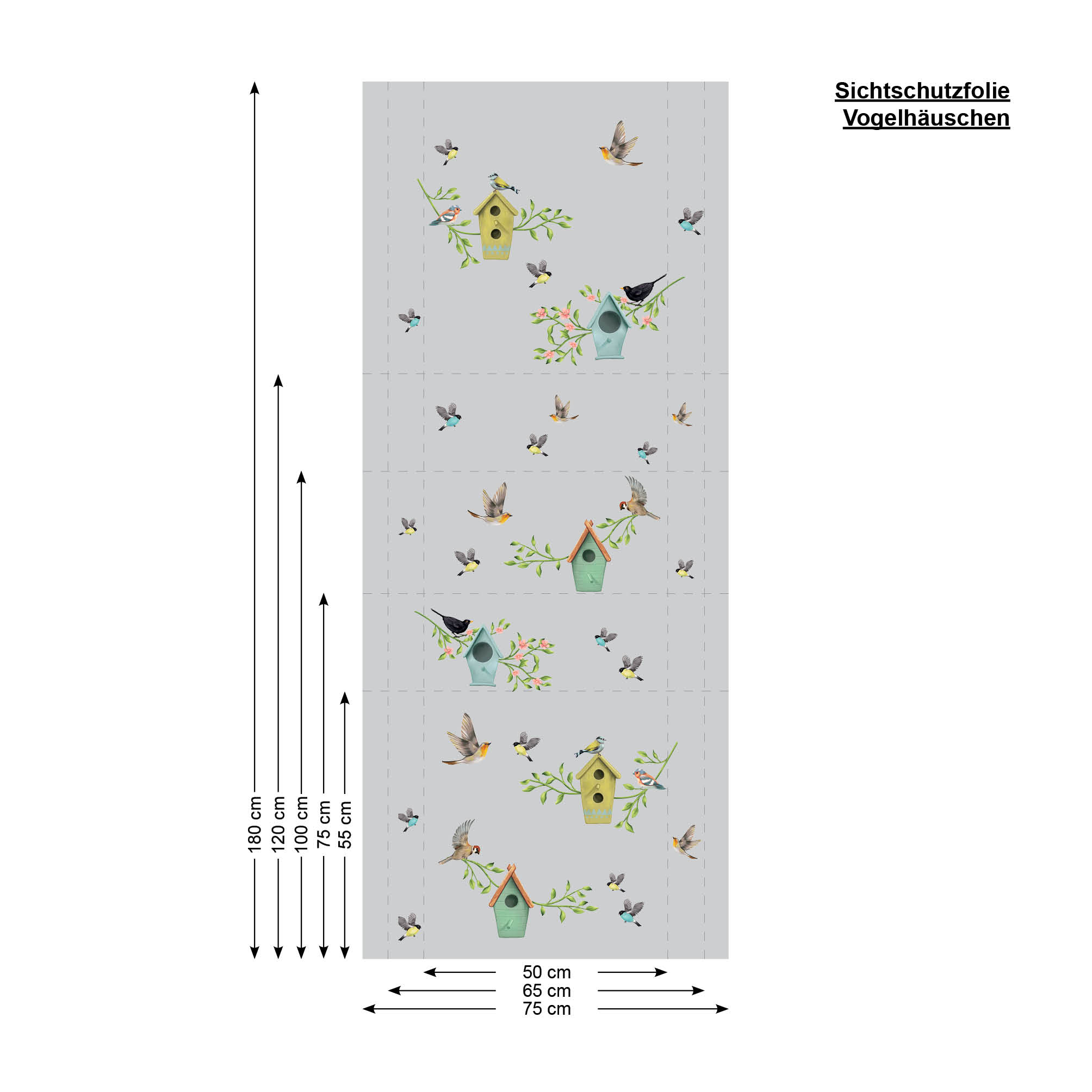Auf dem Bild ist das Produkt: Sichtschutzfolie bunte mehrfarbige Vogelhäuser Fensterfolie Fensterdeko Milchglasfolie zum Preis von €24.9 abgebildet.