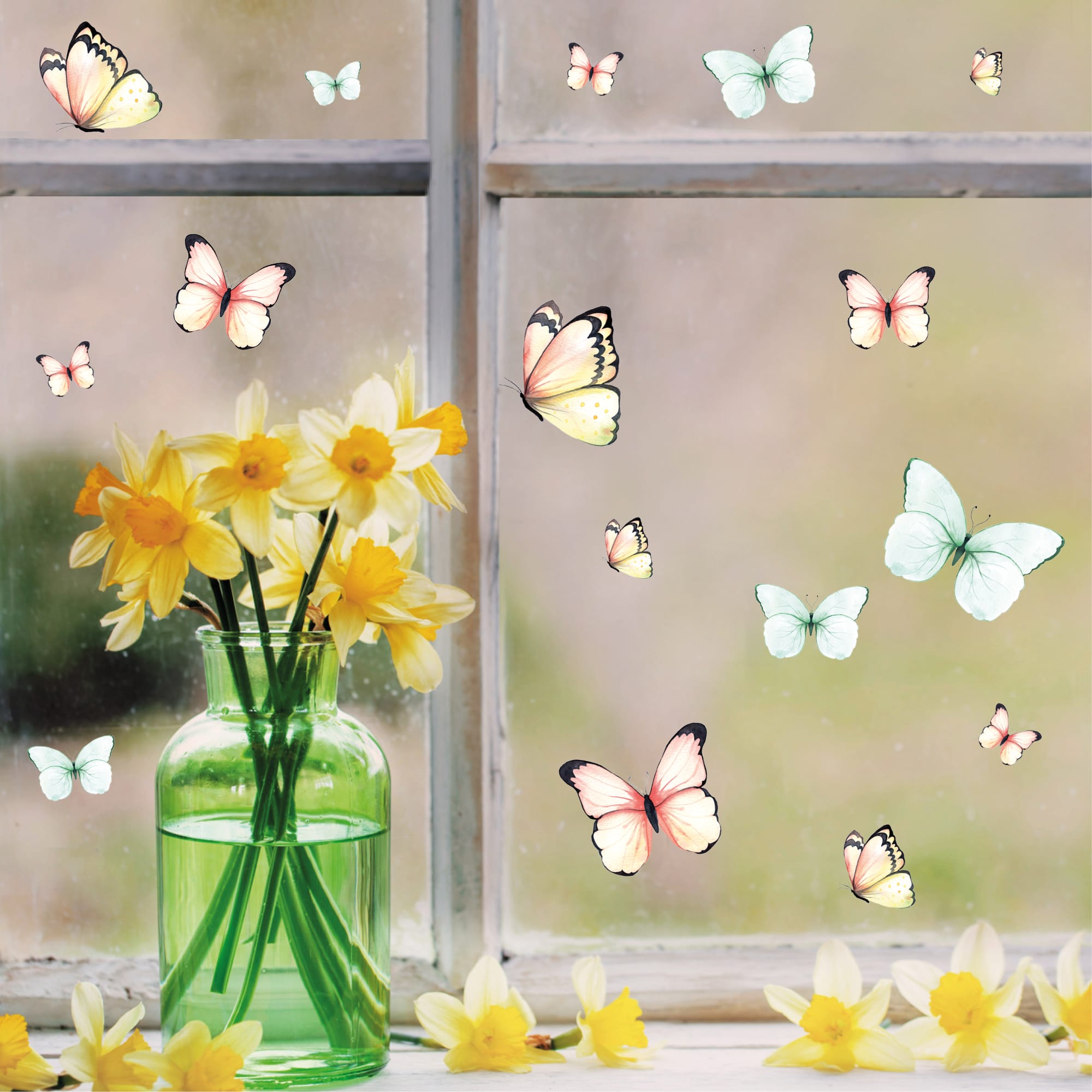 Auf dem Bild ist das Produkt: Fensterbild Frühling Ostern wiederverwendbar 25 Schmetterlinge im Set Fensterdeko Kinderzimmer Kind zum Preis von €13.90 abgebildet.