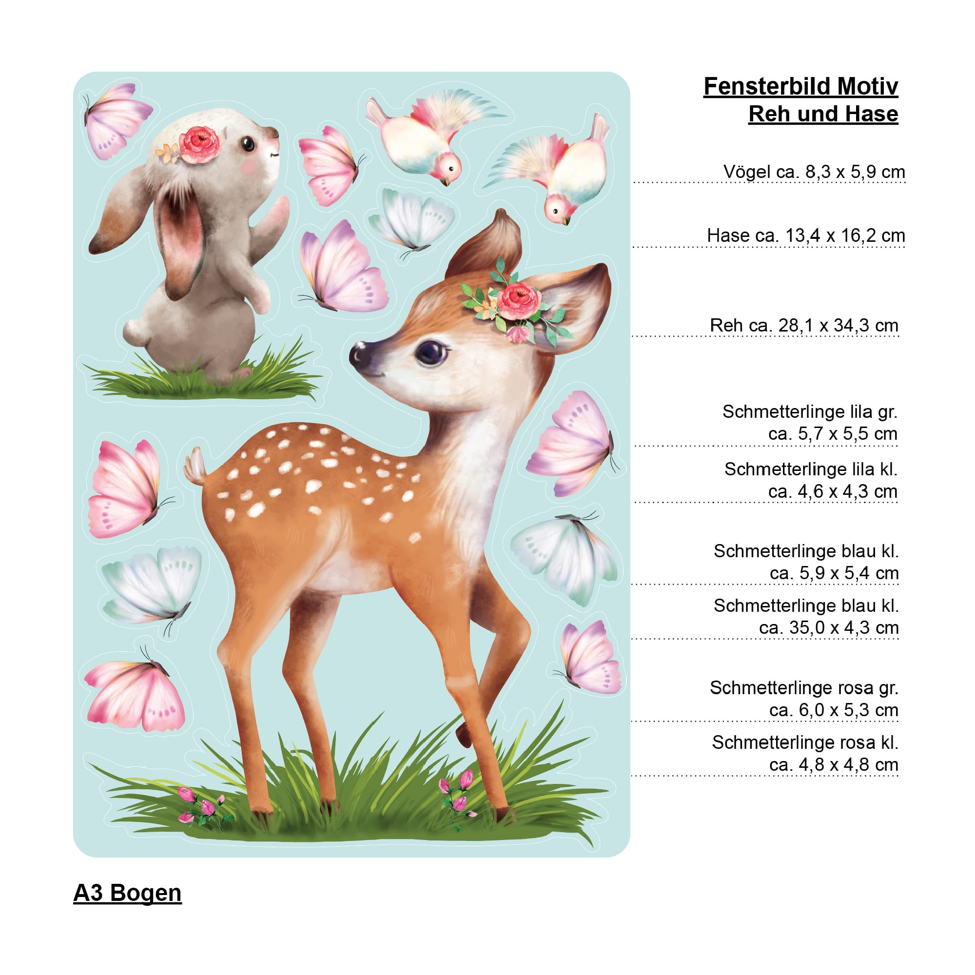 Auf dem Bild ist das Produkt: Fensterbild Frühling Ostern Reh mit Hasen und Schmetterlingen Wiederverwendbare Fensterdeko Kinderzimmer Kind zum Preis von €13.9 abgebildet.