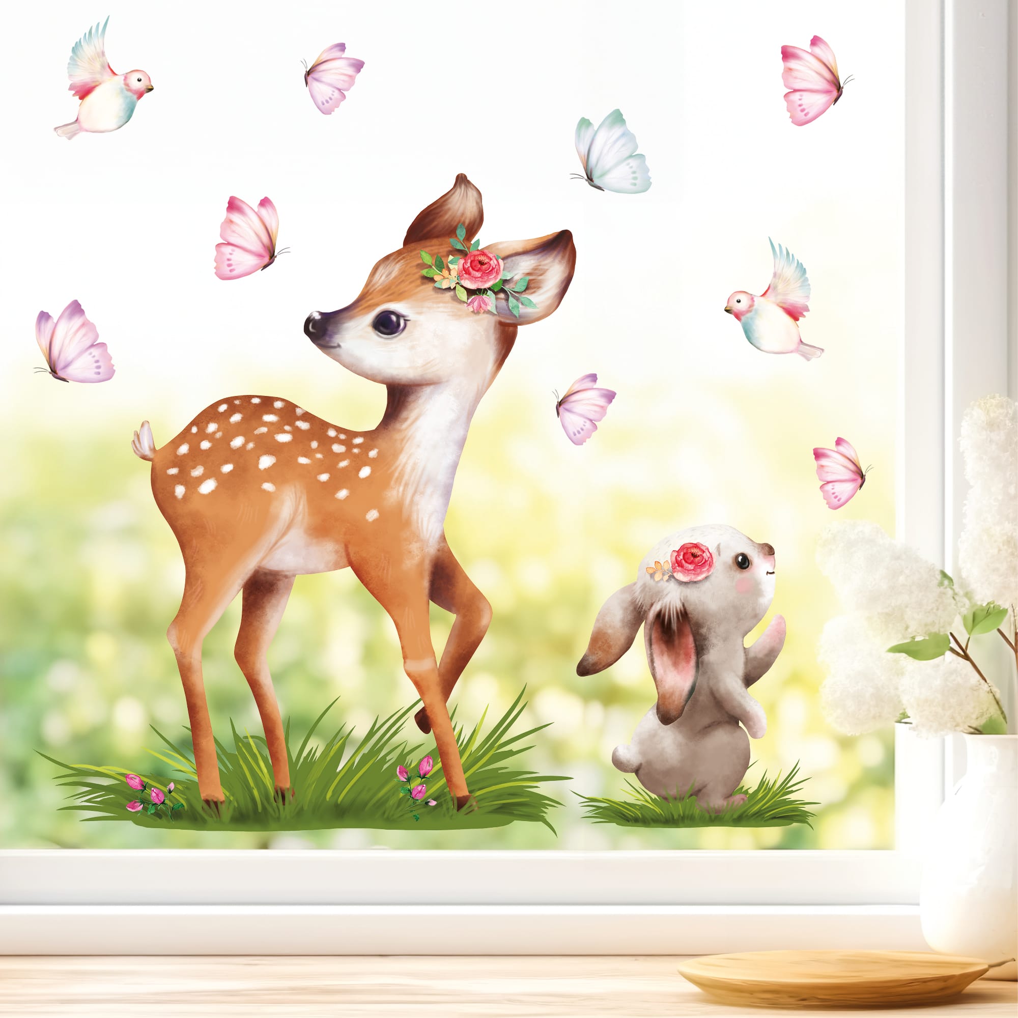 Auf dem Bild ist das Produkt: Fensterbild Frühling Ostern Reh mit Hasen und Schmetterlingen Wiederverwendbare Fensterdeko Kinderzimmer Kind zum Preis von €13.9 abgebildet.
