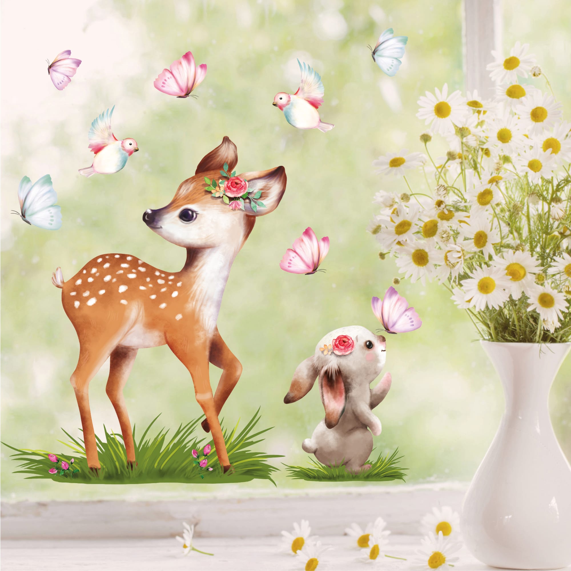 Auf dem Bild ist das Produkt: Fensterbild Frühling Ostern Reh mit Hasen und Schmetterlingen Wiederverwendbare Fensterdeko Kinderzimmer Kind zum Preis von €13.9 abgebildet.