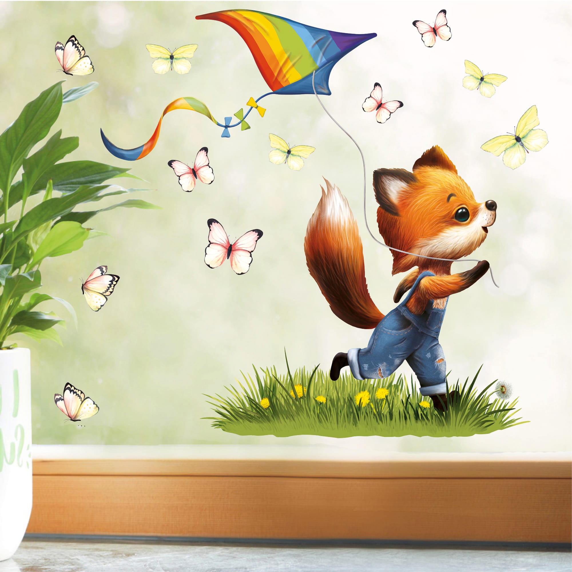 Fensterbild Kinderzimmer Frühling Ostern Fuchs Drachen Schmetterlinge Fensterdeko Kind