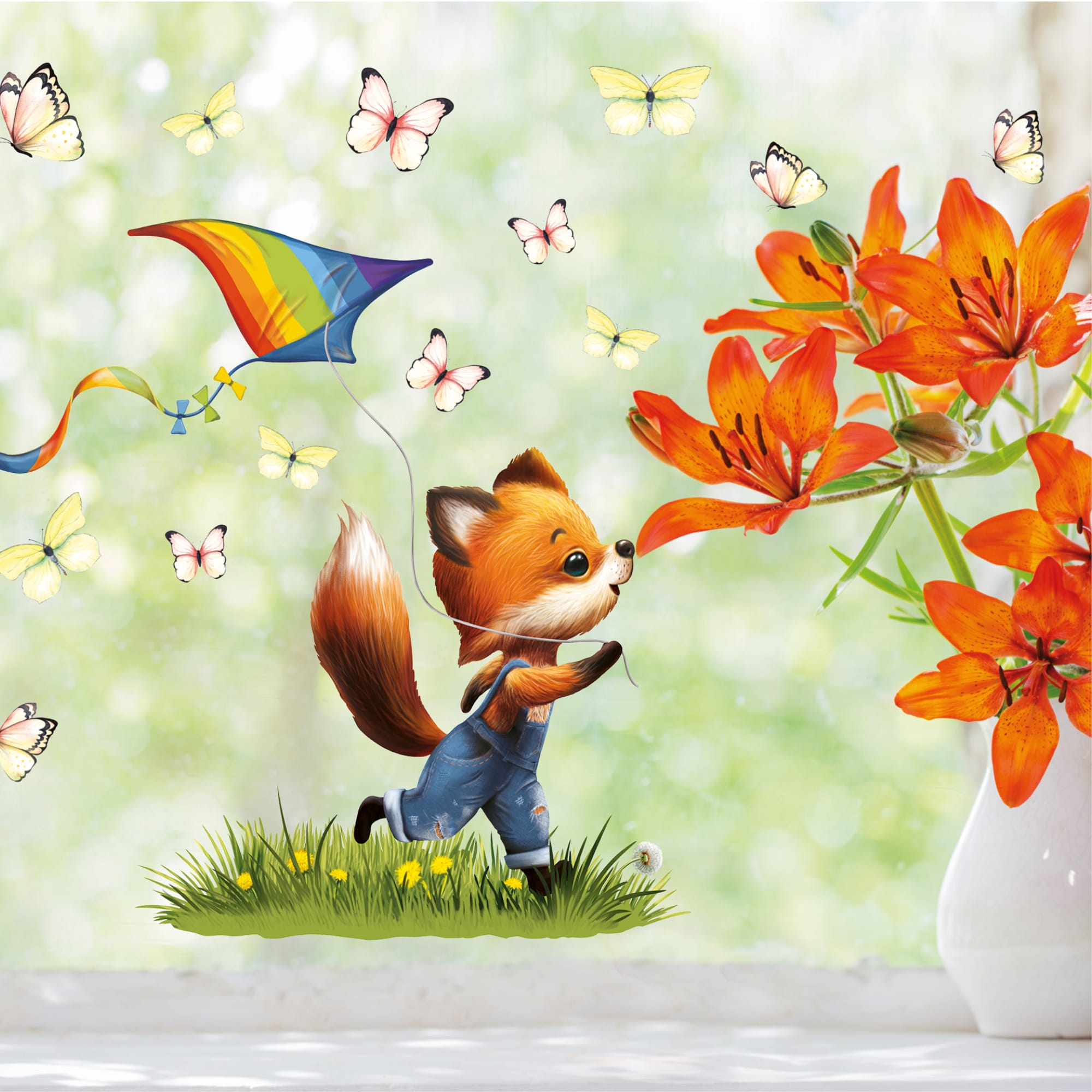 Auf dem Bild ist das Produkt: Fensterbild Kinderzimmer Frühling Ostern Fuchs Drachen Schmetterlinge Fensterdeko Kind zum Preis von €13.90 abgebildet.