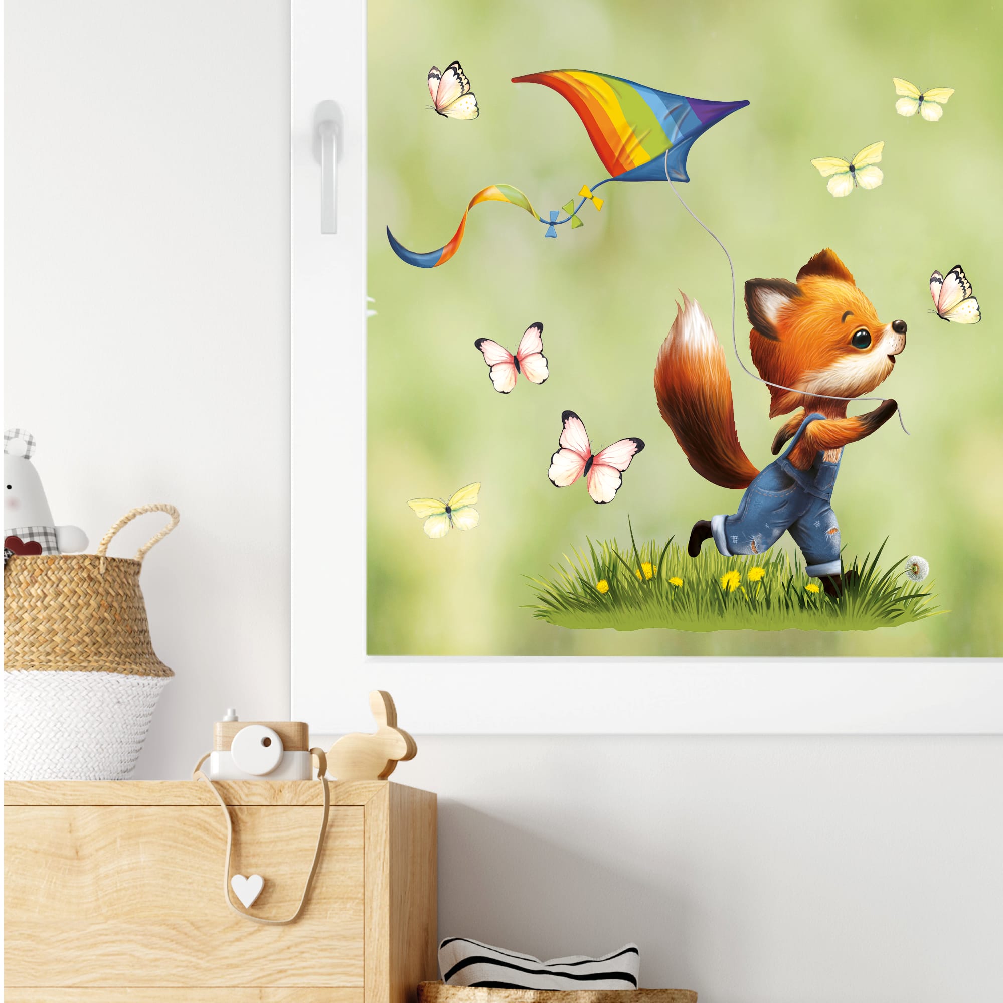 Auf dem Bild ist das Produkt: Fensterbild Kinderzimmer Frühling Ostern Fuchs Drachen Schmetterlinge Fensterdeko Kind zum Preis von €13.90 abgebildet.