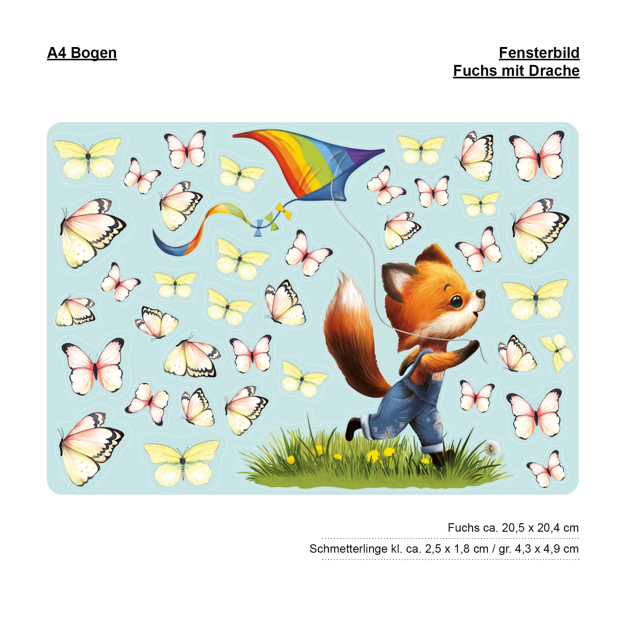 Auf dem Bild ist das Produkt: Fensterbild Kinderzimmer Frühling Ostern Fuchs Drachen Schmetterlinge Fensterdeko Kind zum Preis von €13.90 abgebildet.