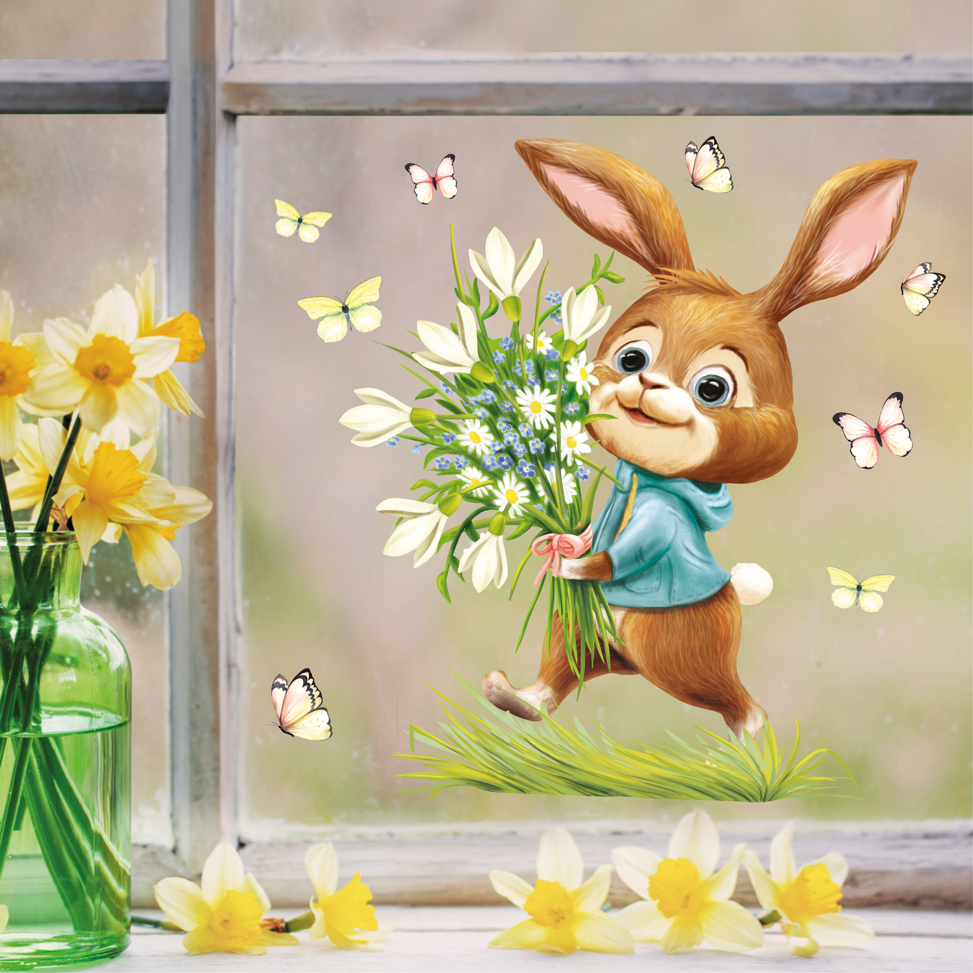 Auf dem Bild ist das Produkt: Fensterbild Frühling Ostern Hase Blumenstrauß Schmetterlinge Fensterdeko Wiederverwendbar Kinder Frühlingsdeko Osterdeko zum Preis von €13.90 abgebildet.