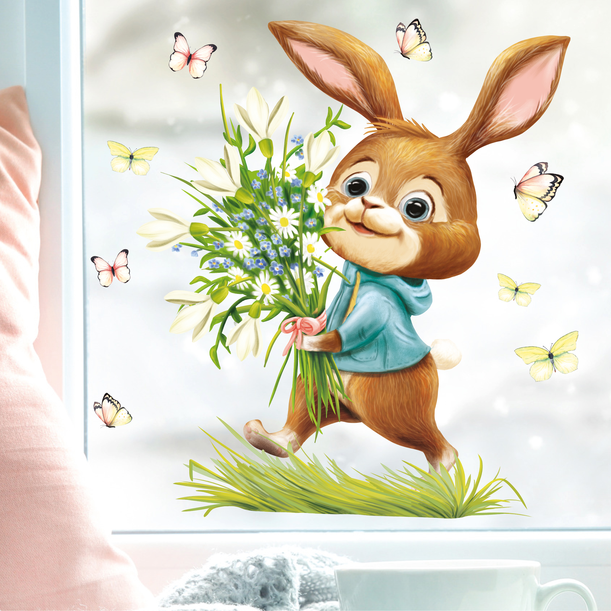 Auf dem Bild ist das Produkt: Fensterbild Frühling Ostern Hase Blumenstrauß Schmetterlinge Fensterdeko Wiederverwendbar Kinder Frühlingsdeko Osterdeko zum Preis von €13.90 abgebildet.